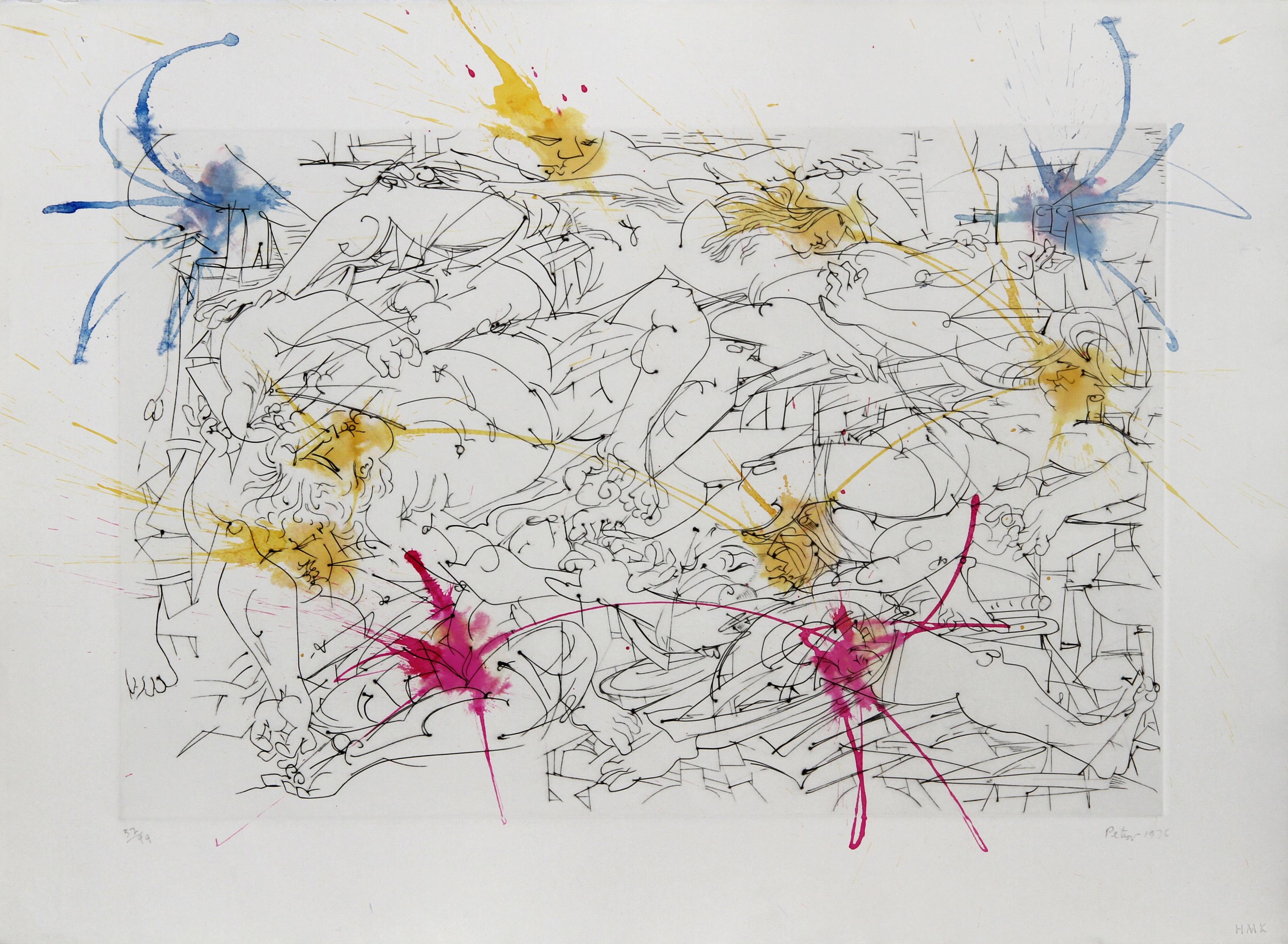 Figurative Accumulation II, Surrealist Etching and Watercolor by Petrov