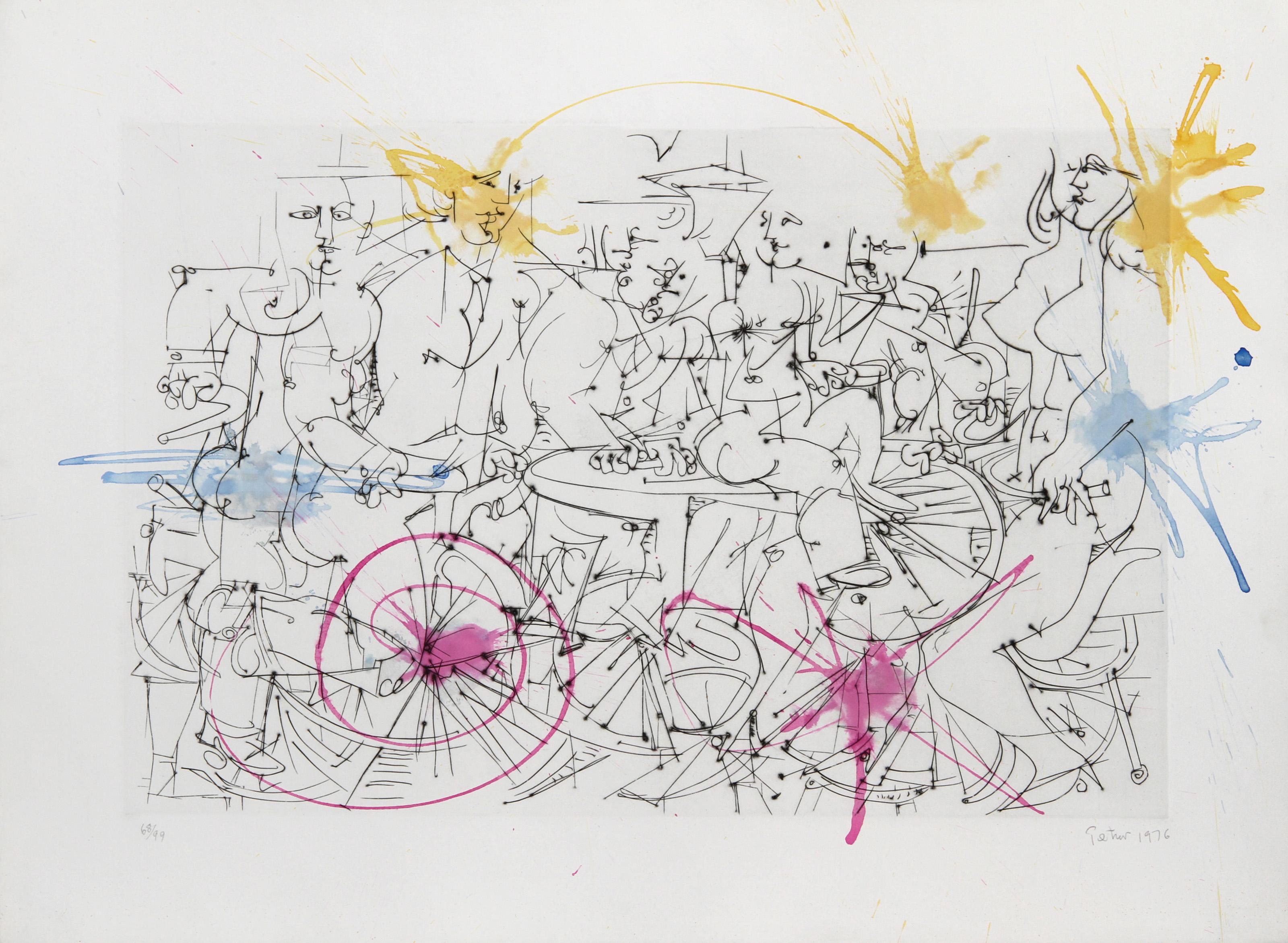 Nus et hommes en costume, gravure et aquarelle surréalistes de Dimitri Petrov