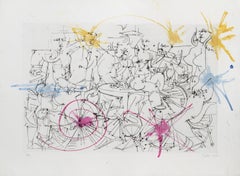 Nudes and Men in Suits, Surrealist Etching and Watercolor by Dimitri Petrov