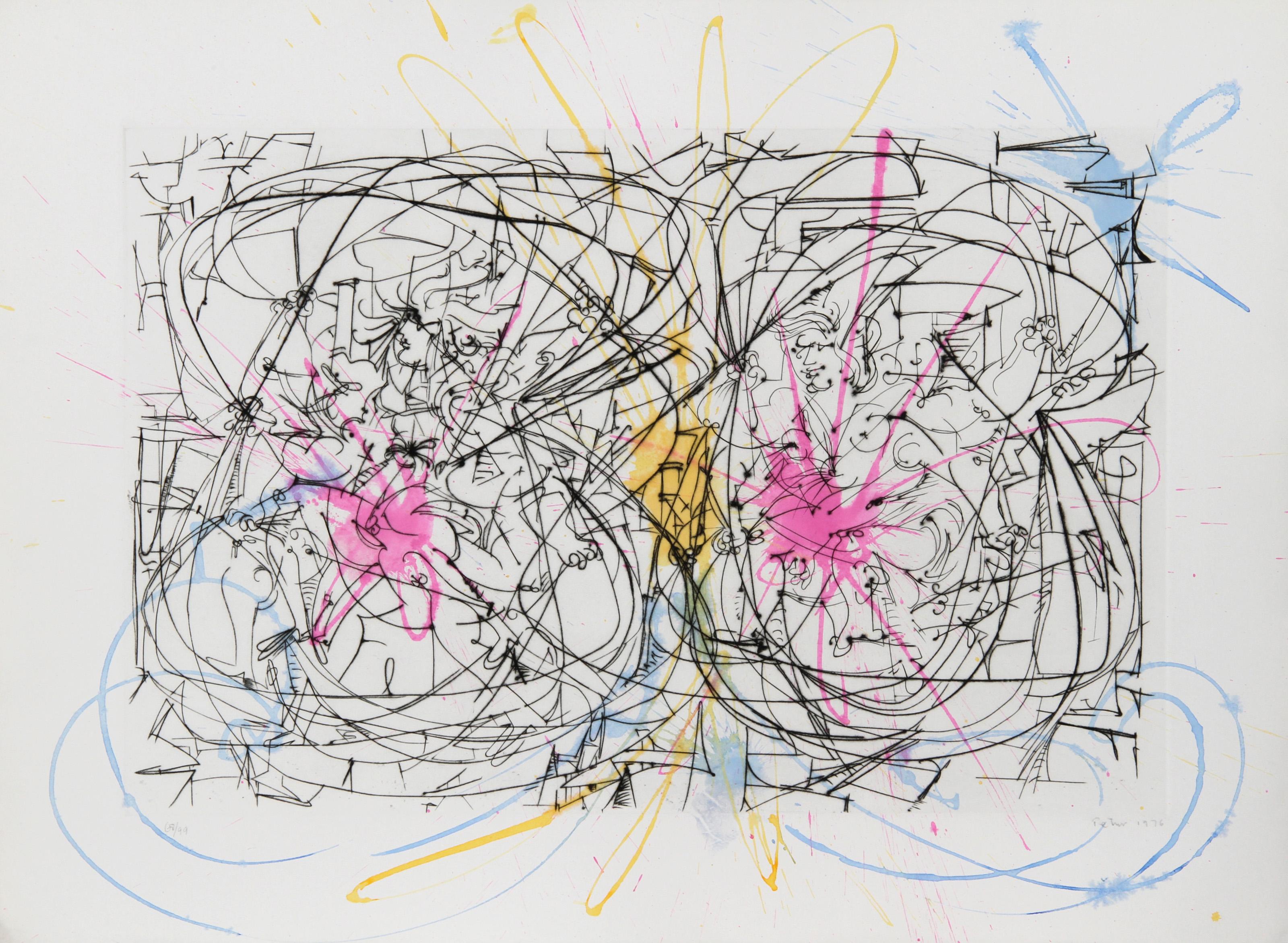 Nus sautant à la corde, gravure et aquarelle surréaliste de Dimitri Petrov
