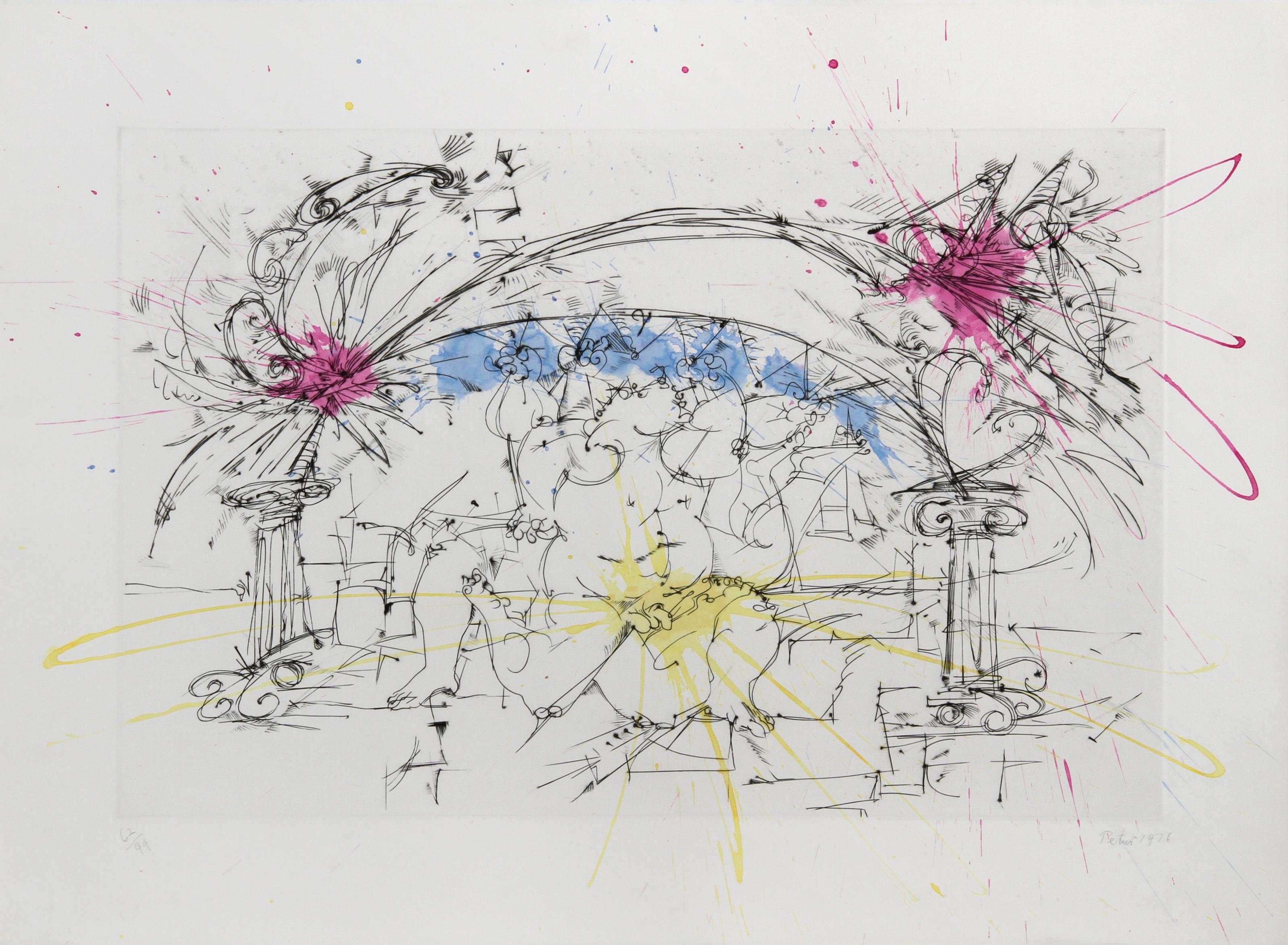 Dimitri Petrov, Américain (1919 - 1986) - Sans titre - Deux colonnes avec des nus, Année :  1976, Moyen :  Gravure à l
eau-forte avec aquarelle, signée au crayon, édition :  62/99, Taille de l
image :  16 x 23.5 pouces, Taille :  22.5 x 30 pouces