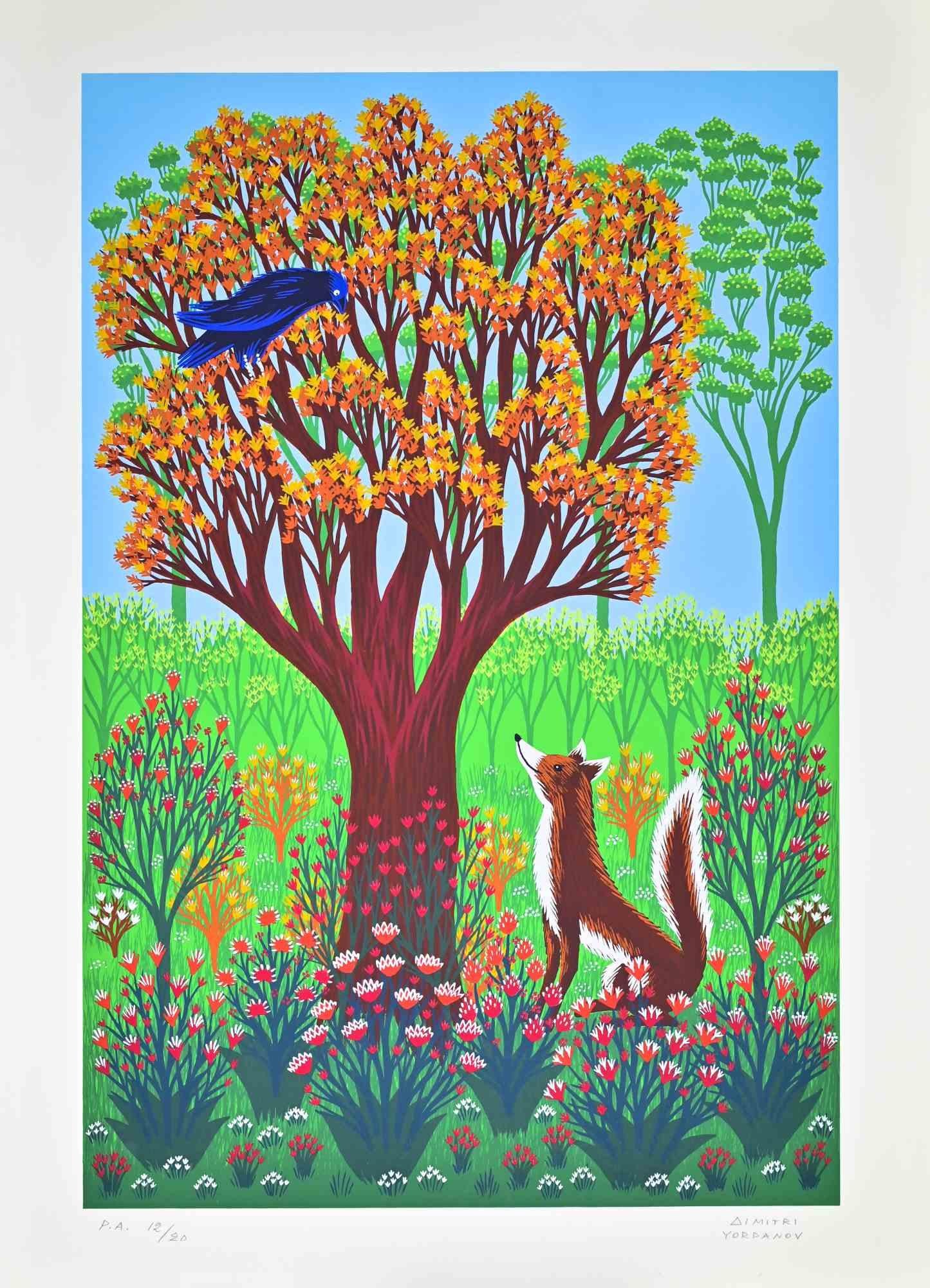 Figurative Print di Dimitri Yordanov - La volpe e il corvo - Serigrafia di D. A. Yordanov - Anni '70