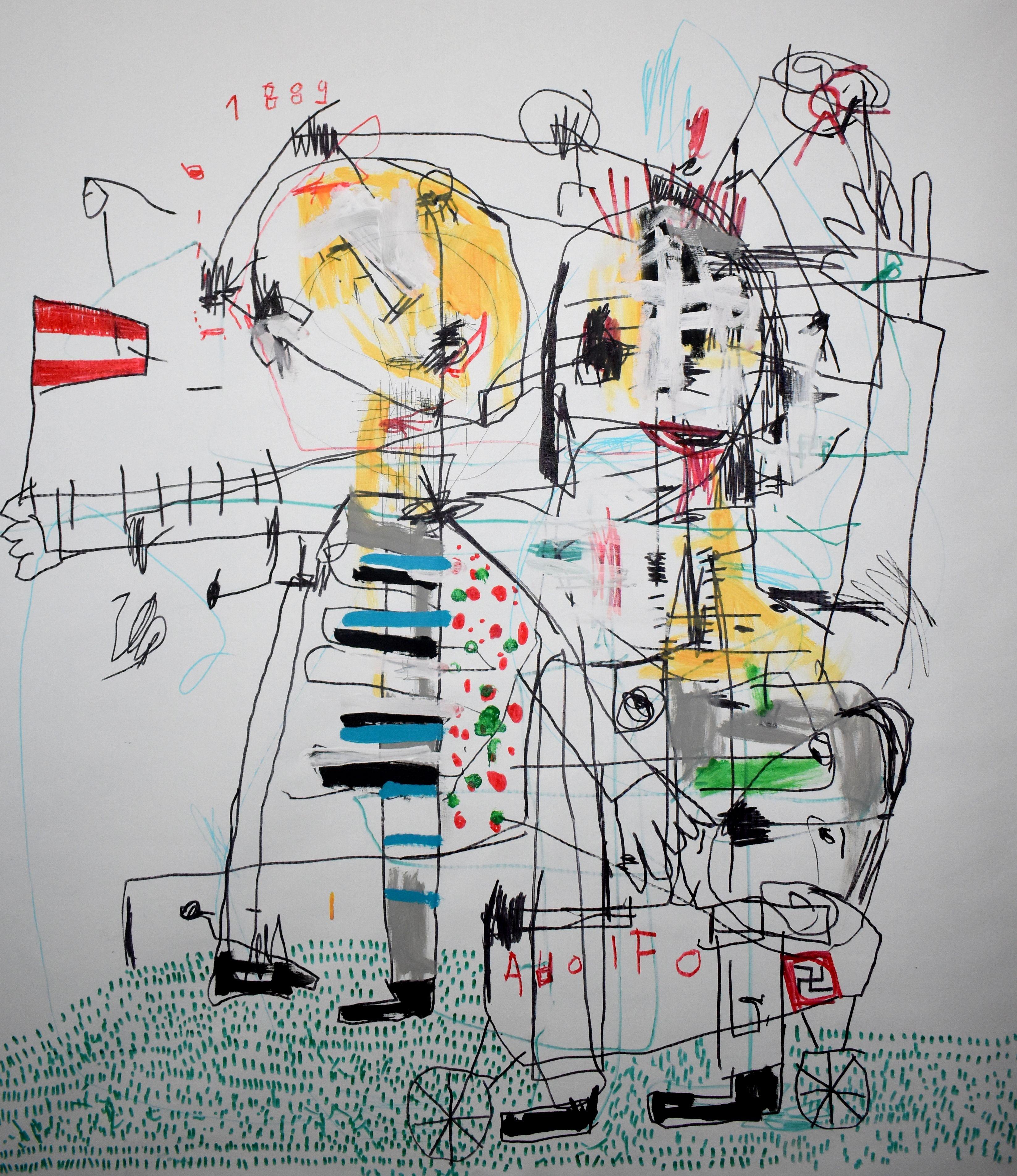 This, vibrant, and bright piece of art on canvas comes straight from the artist's studio in Barcelona. Dimitris Pavlopoulos is known as a expressionism artist whose works range from figurative abstract portraits  Collection 2023  Title : adolfo     