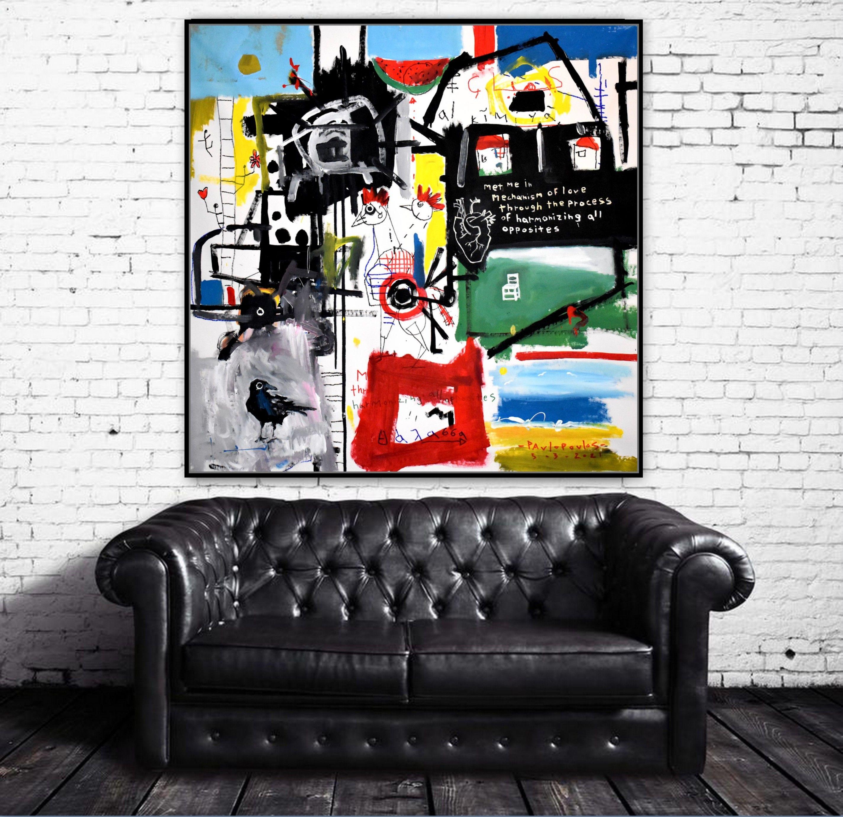 Large Abstract portrait Painting, , gray & black, White , on canvas ,work by Dimitris Pavlopoulos  Painting created with acrylic .  Colors: gray & blue, yellow,Red ,White  , Abstract Canvas Collection 2021  Size:  39,3