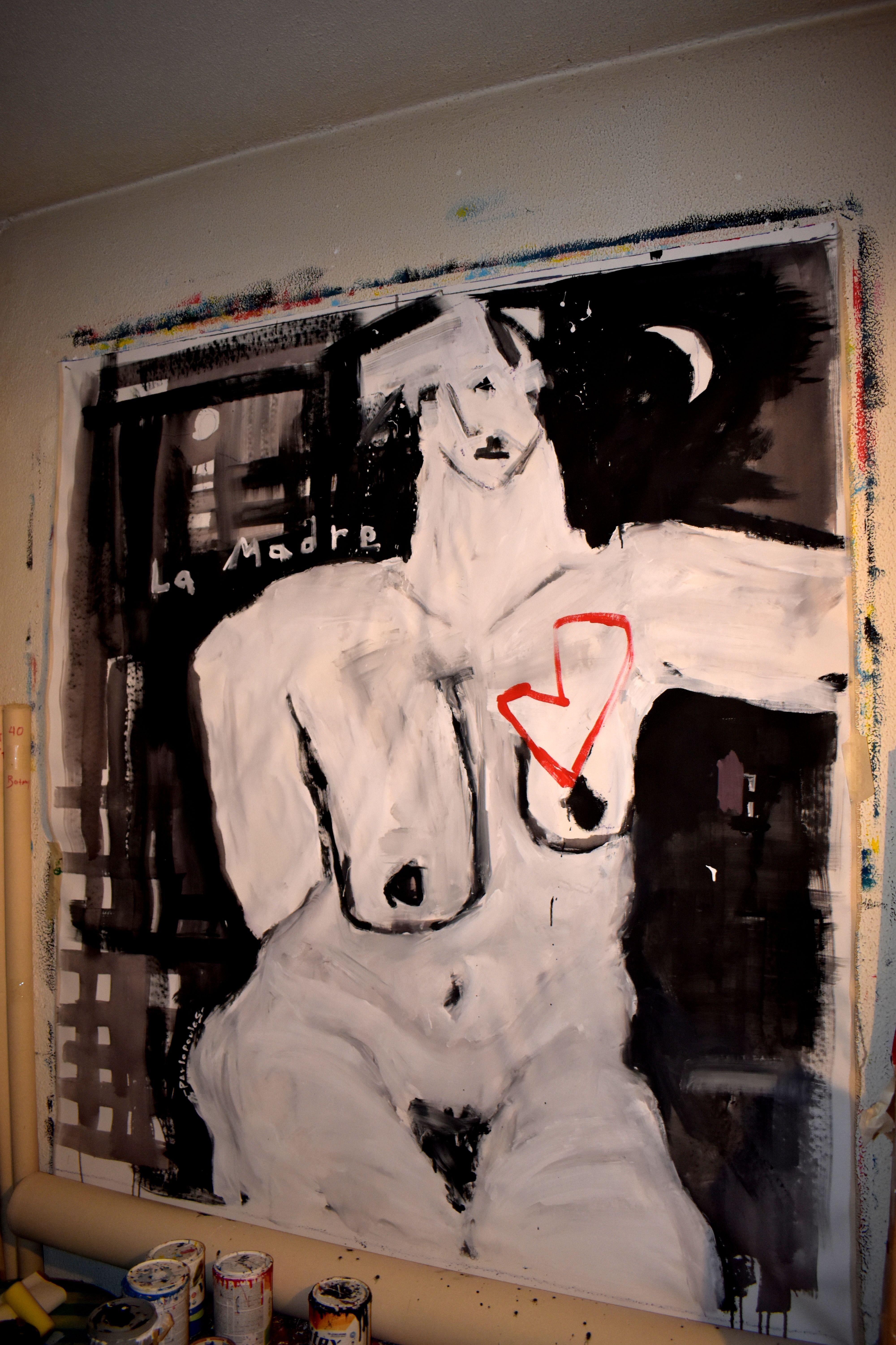 La madre, Pintura, Acrílico sobre lienzo - Abstract Painting Negro de Dimitris Pavlopoulos