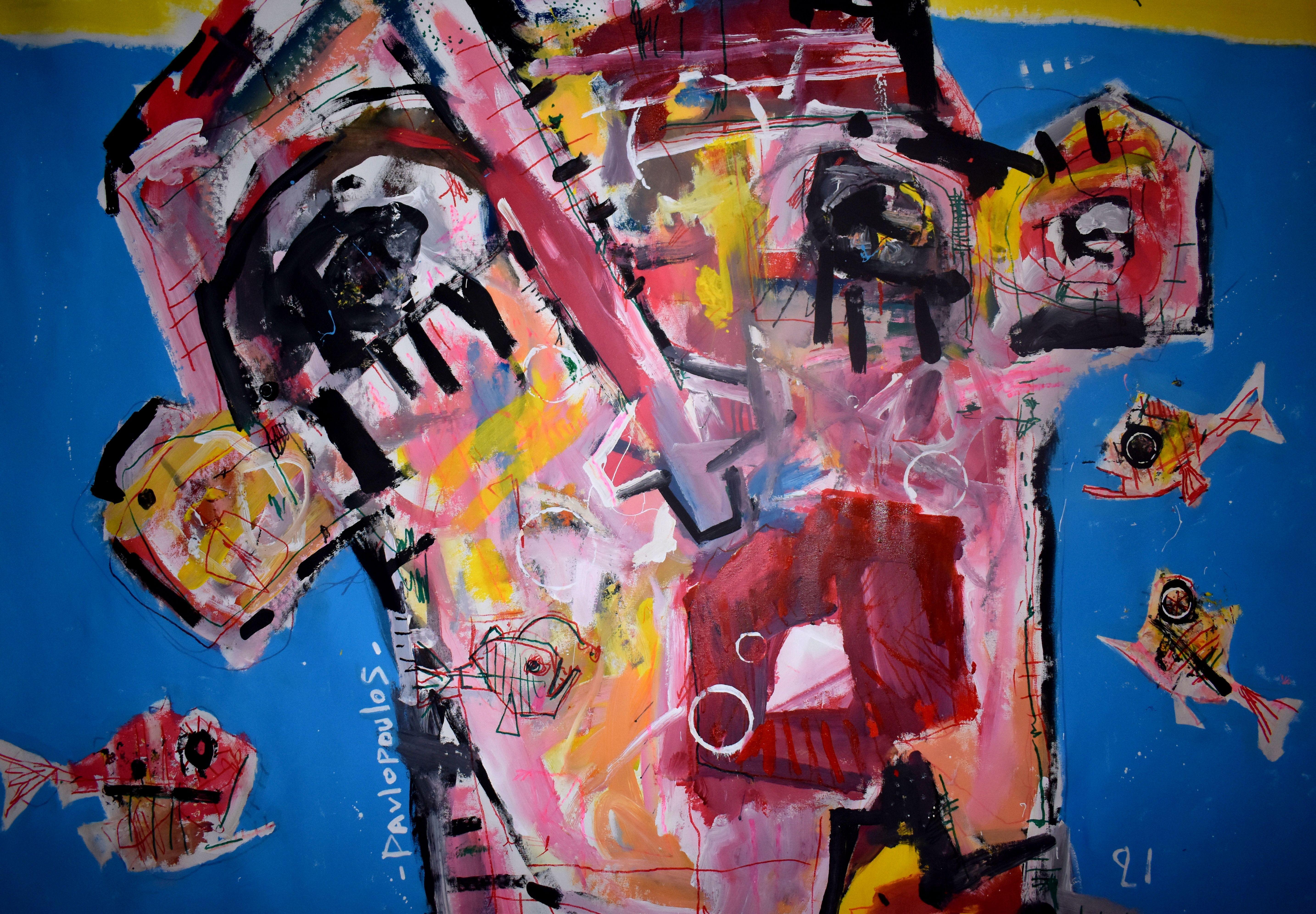 Las pirañas de mi vida, Pittura, Acrilico su tela - Figurative Painting Marrone di Dimitris Pavlopoulos