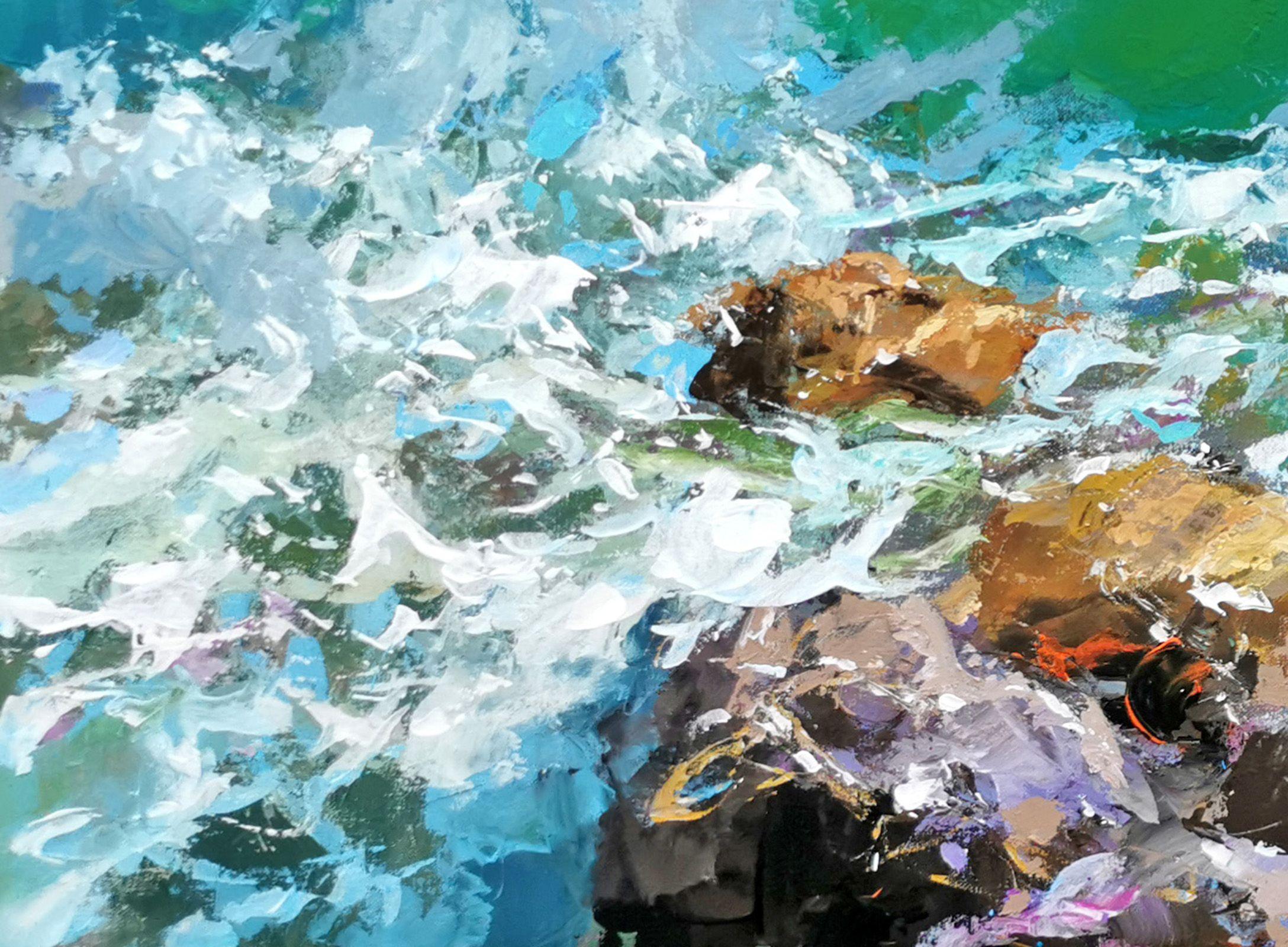 Vagues des Caraïbes à midi, peinture, acrylique sur toile en vente 1