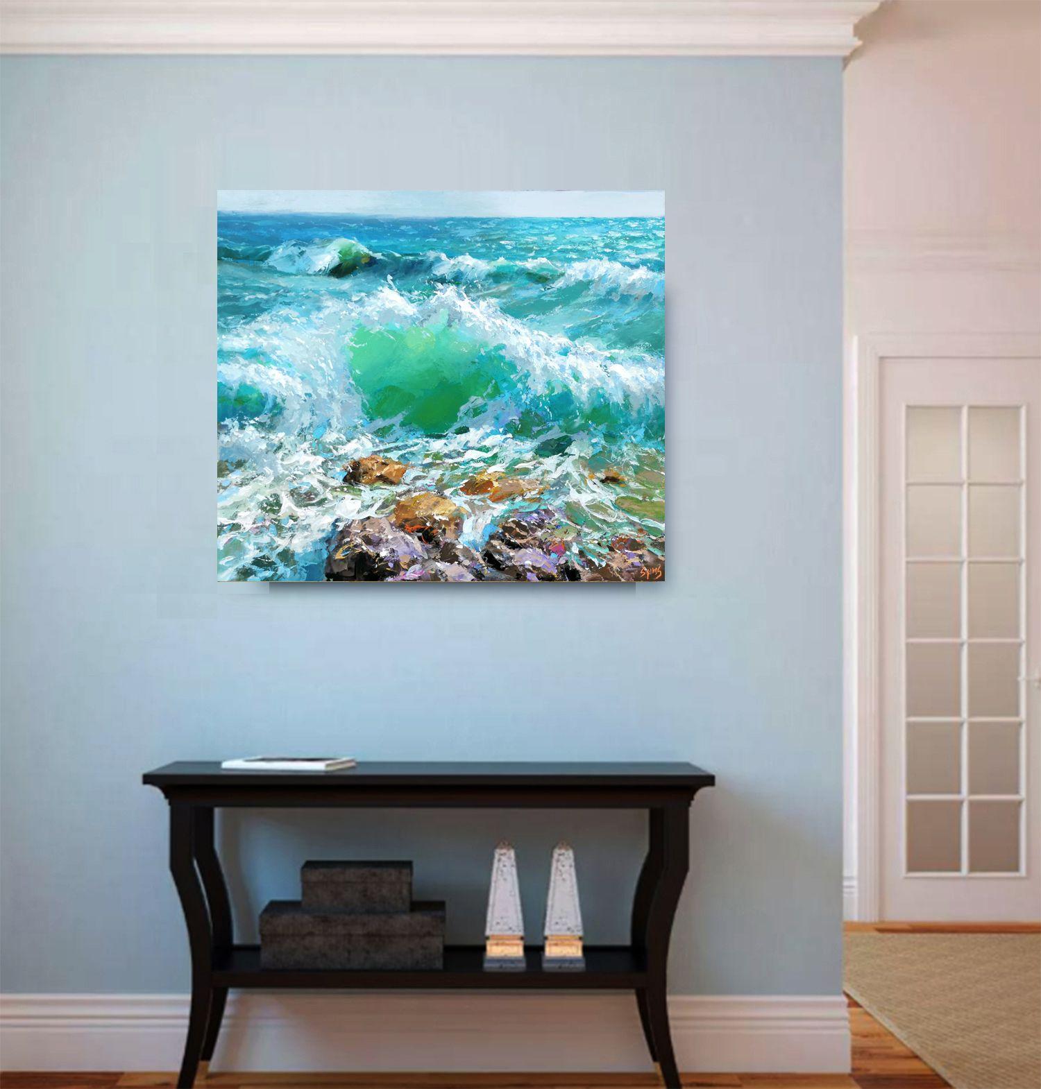Vagues des Caraïbes à midi, peinture, acrylique sur toile en vente 2
