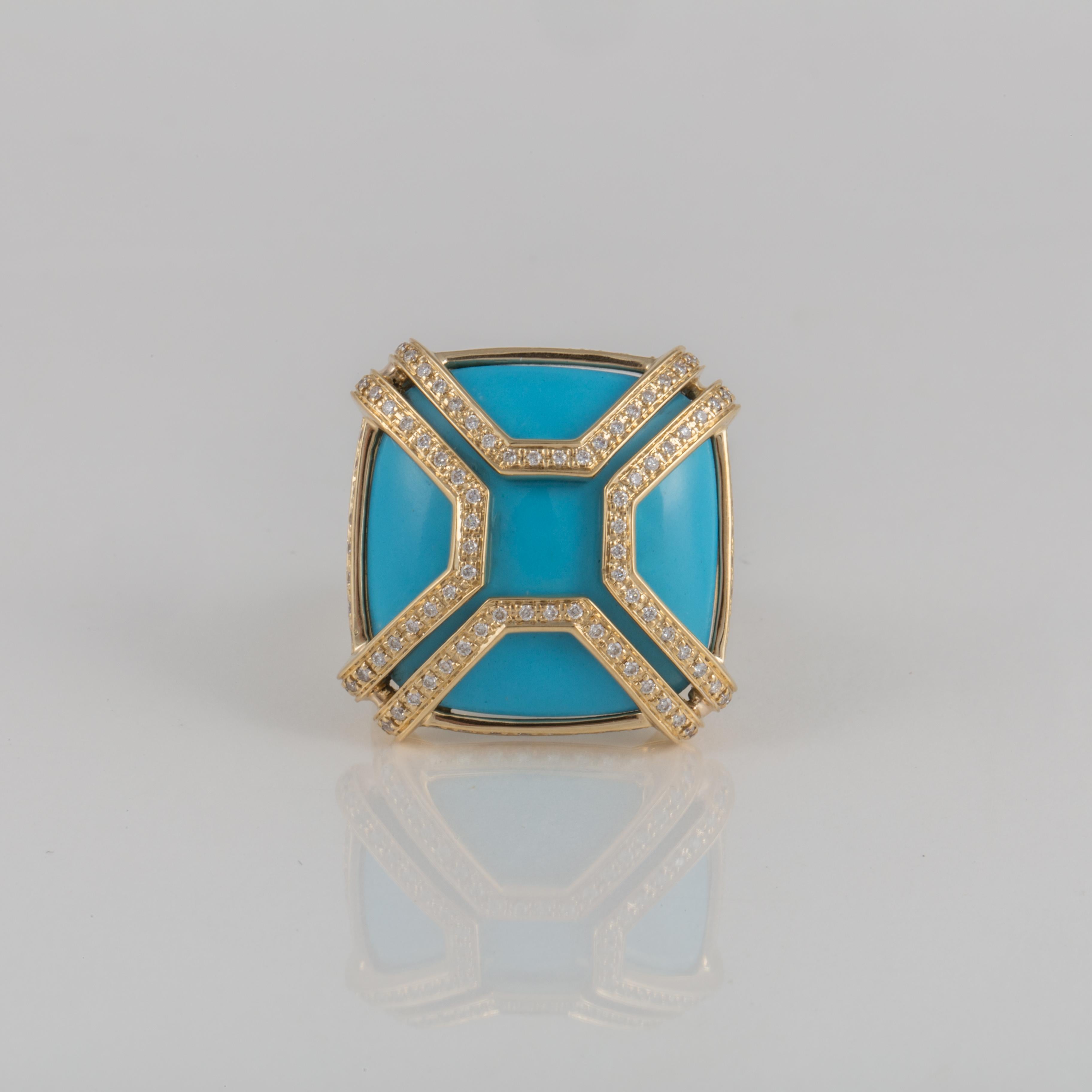 Di Modolo Favola ring in 18K yellow gold featuring a square shaped turquoise stone accented by round diamonds.  The ring is marked 