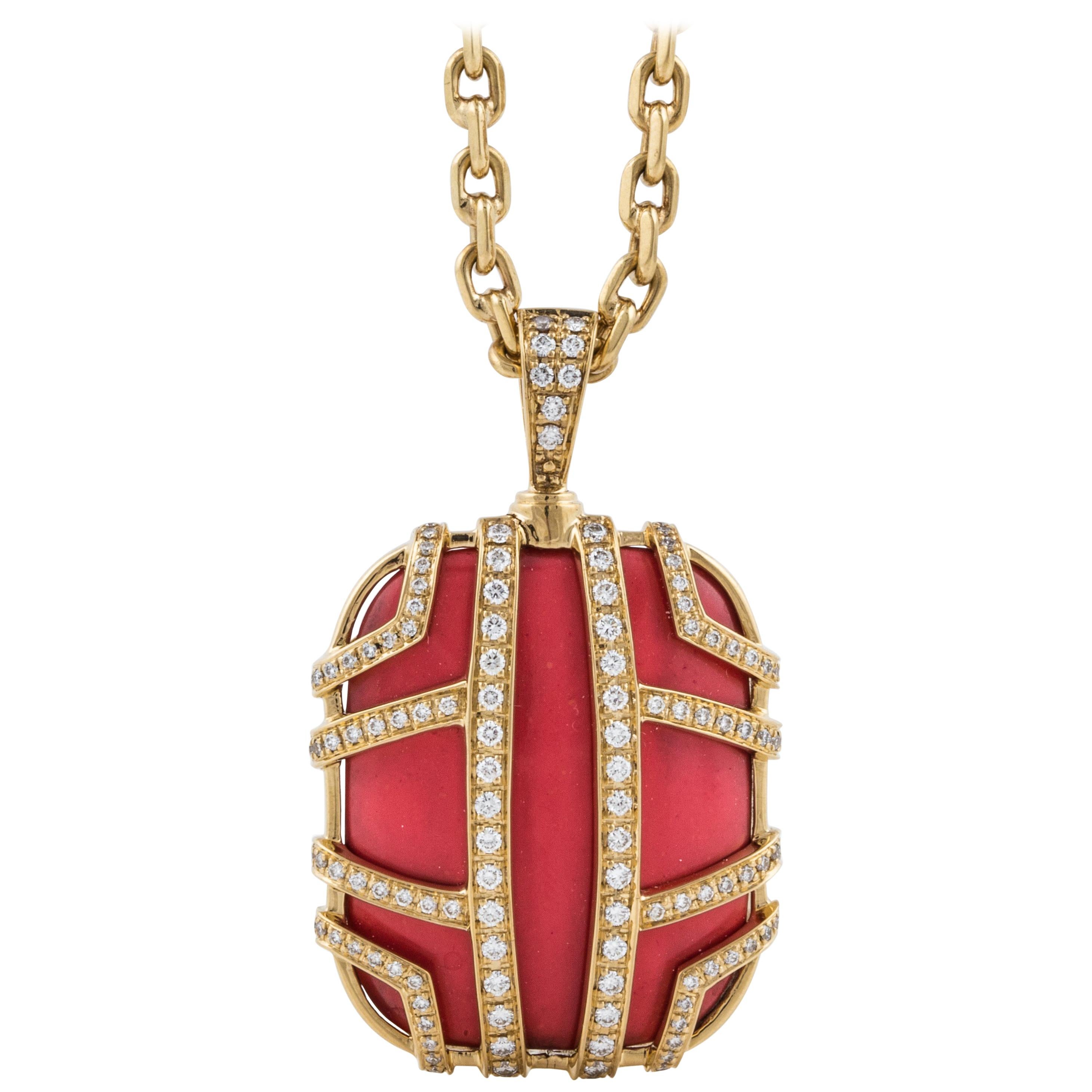 DiModolo Favola Coral and Diamond Pendant in 18K Gold For Sale