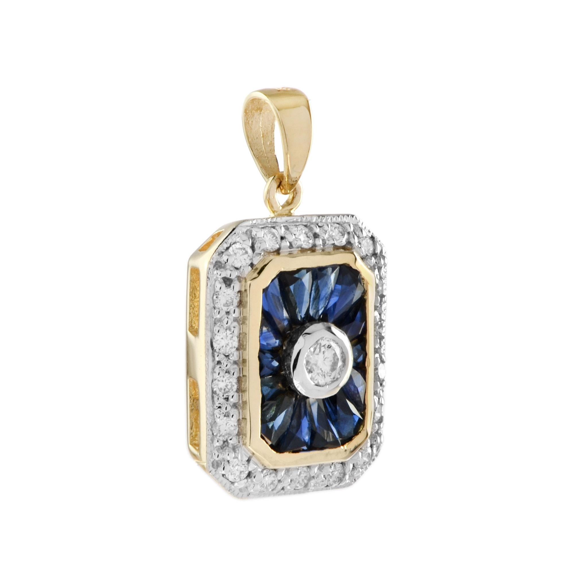 A stunning Art Deco inspired pendant in 14k two tone gold. A pendant with squared off edges in a traditional Art Deco style. To the center of the pendent sits a round brilliant cut diamond which are surrounded by a row of French cut sapphires.