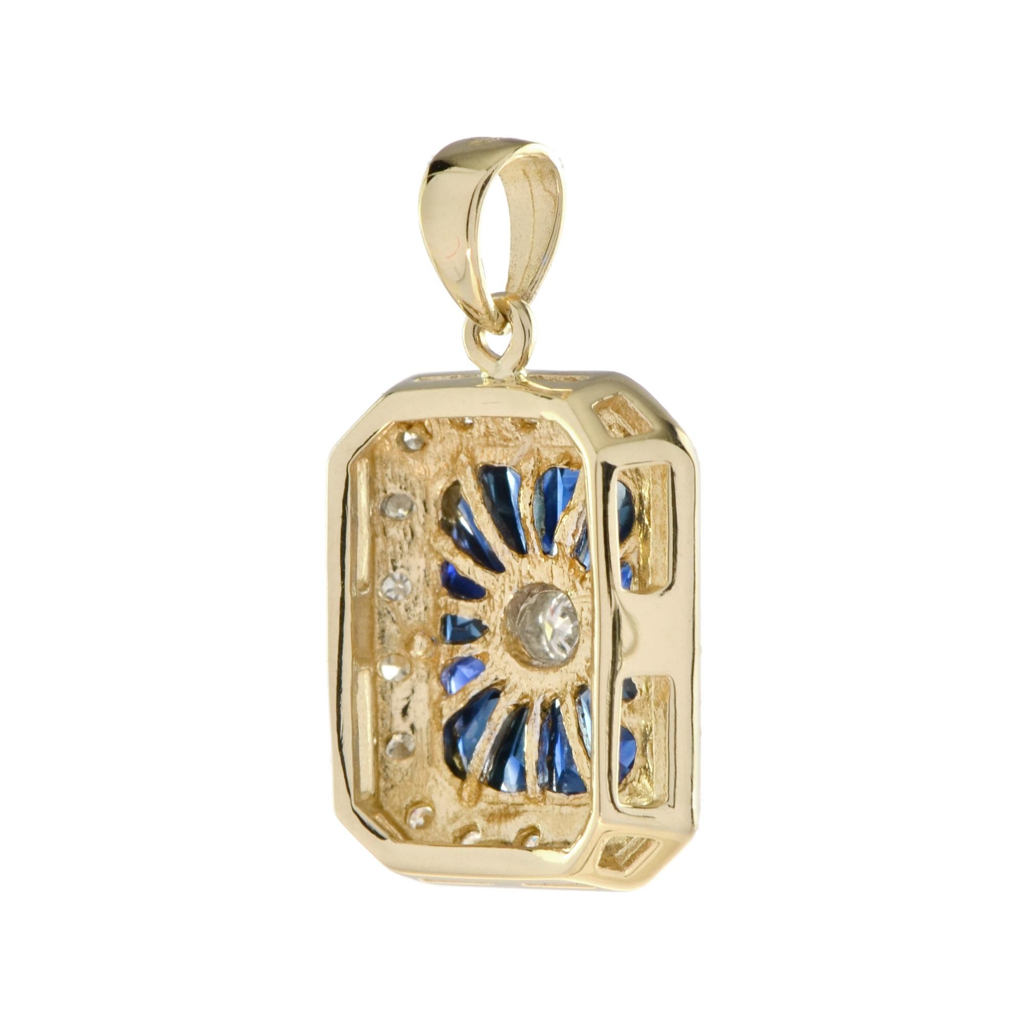 Round Cut Diamond and Sapphire Art Deco Style Octagon Pendant in 14k Two Tone Gold For Sale