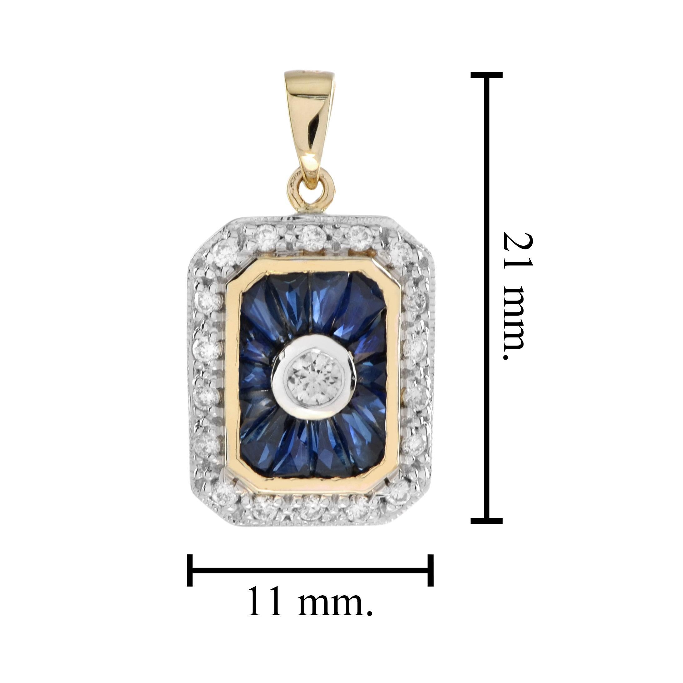 Diamond and Sapphire Art Deco Style Octagon Pendant in 14k Two Tone Gold In New Condition For Sale In Bangkok, TH