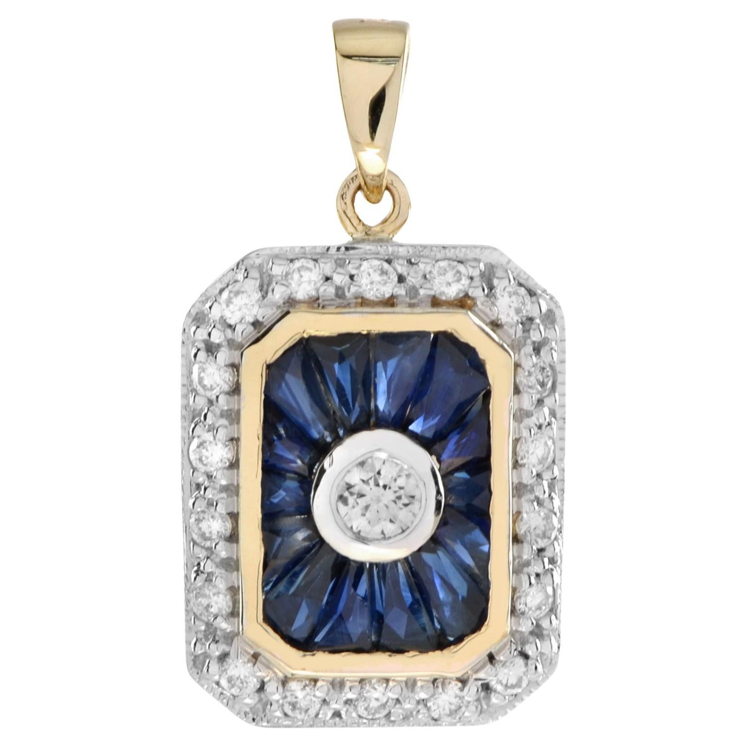 Diamond and Sapphire Art Deco Style Octagon Pendant in 14k Two Tone Gold For Sale