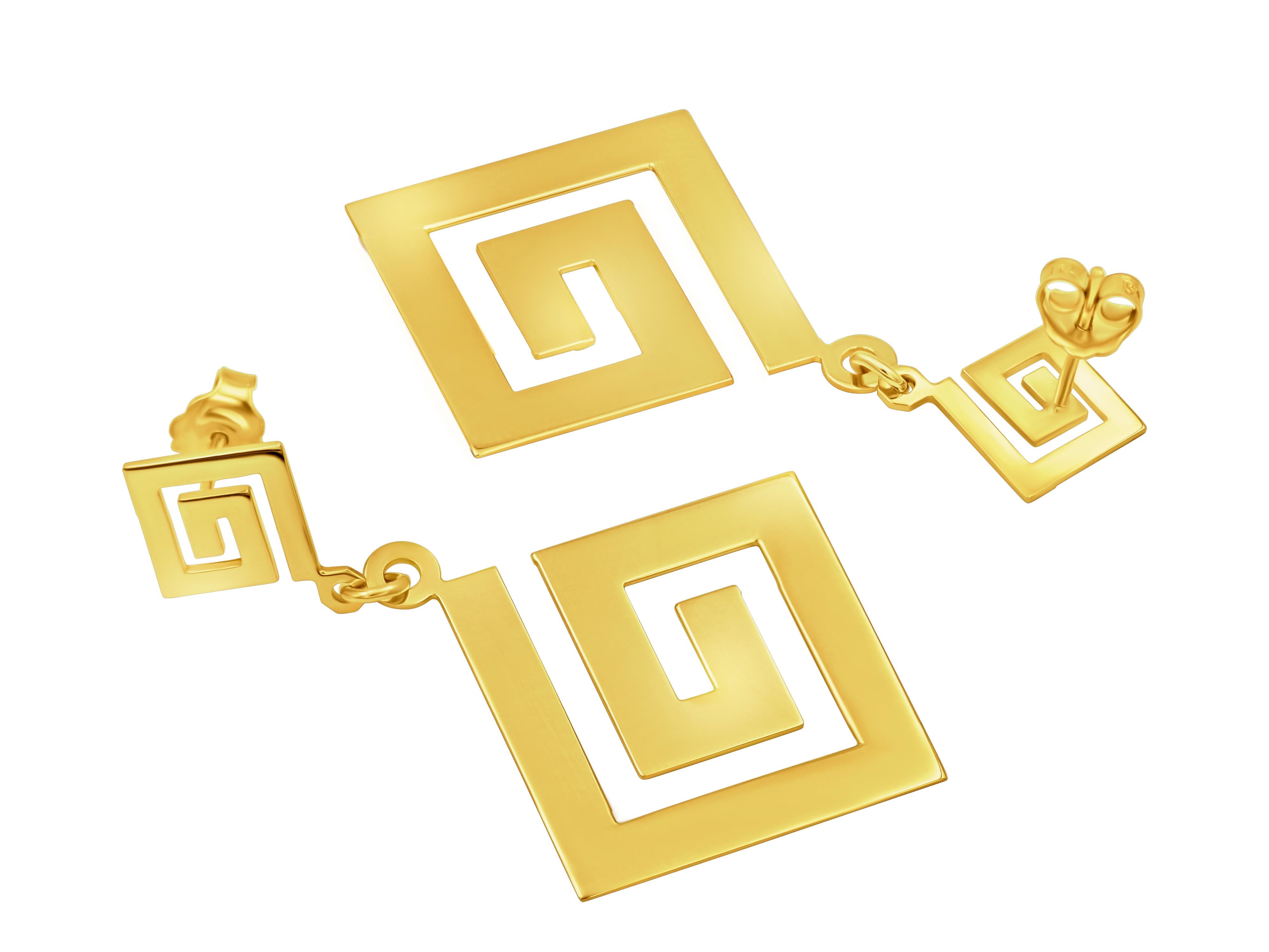 Square Greek Key earrings in 14 karat yellow gold. Large earrings but light wear with beautiful dangle that adds motion. One of our bestseller.
