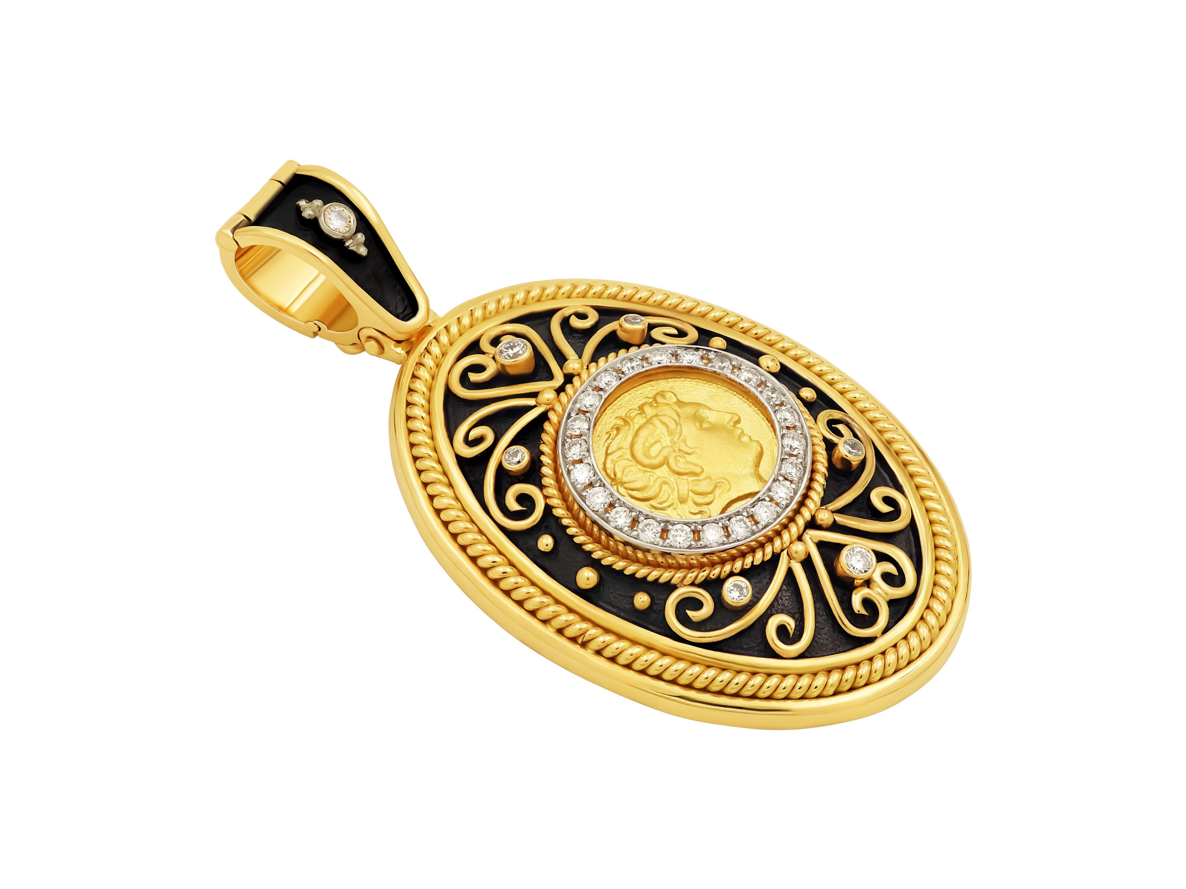 Noir collection pendant in 18k yellow gold. Hosting a coin of Alexander the Great surrounded with 0.32 carats brilliant cut diamonds and decorated with our famous hand made wire and granulation work. With our classic brilliant diamond decorated