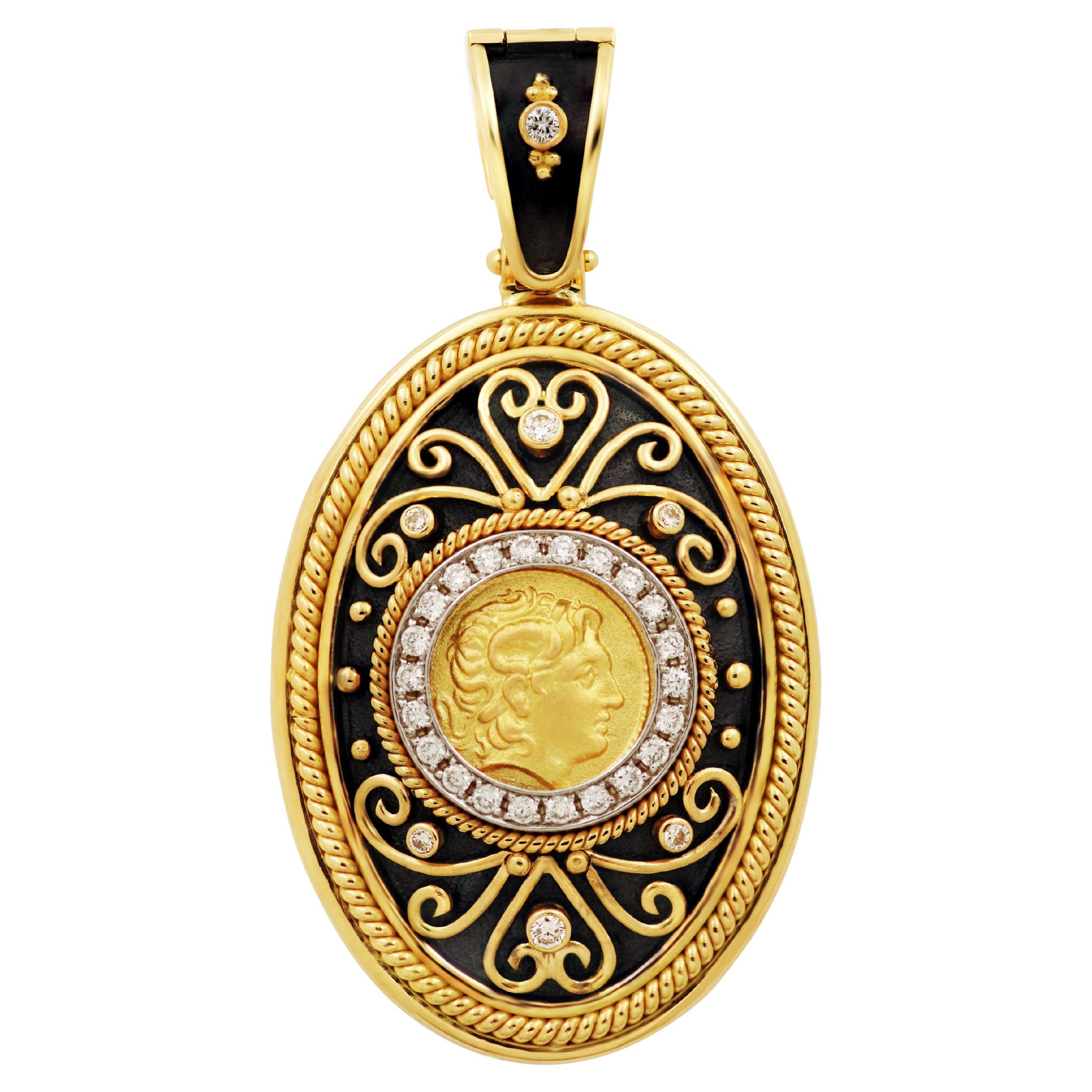 Dimos 18k Gold Alexander the Great Diamonds Oval Pendant For Sale