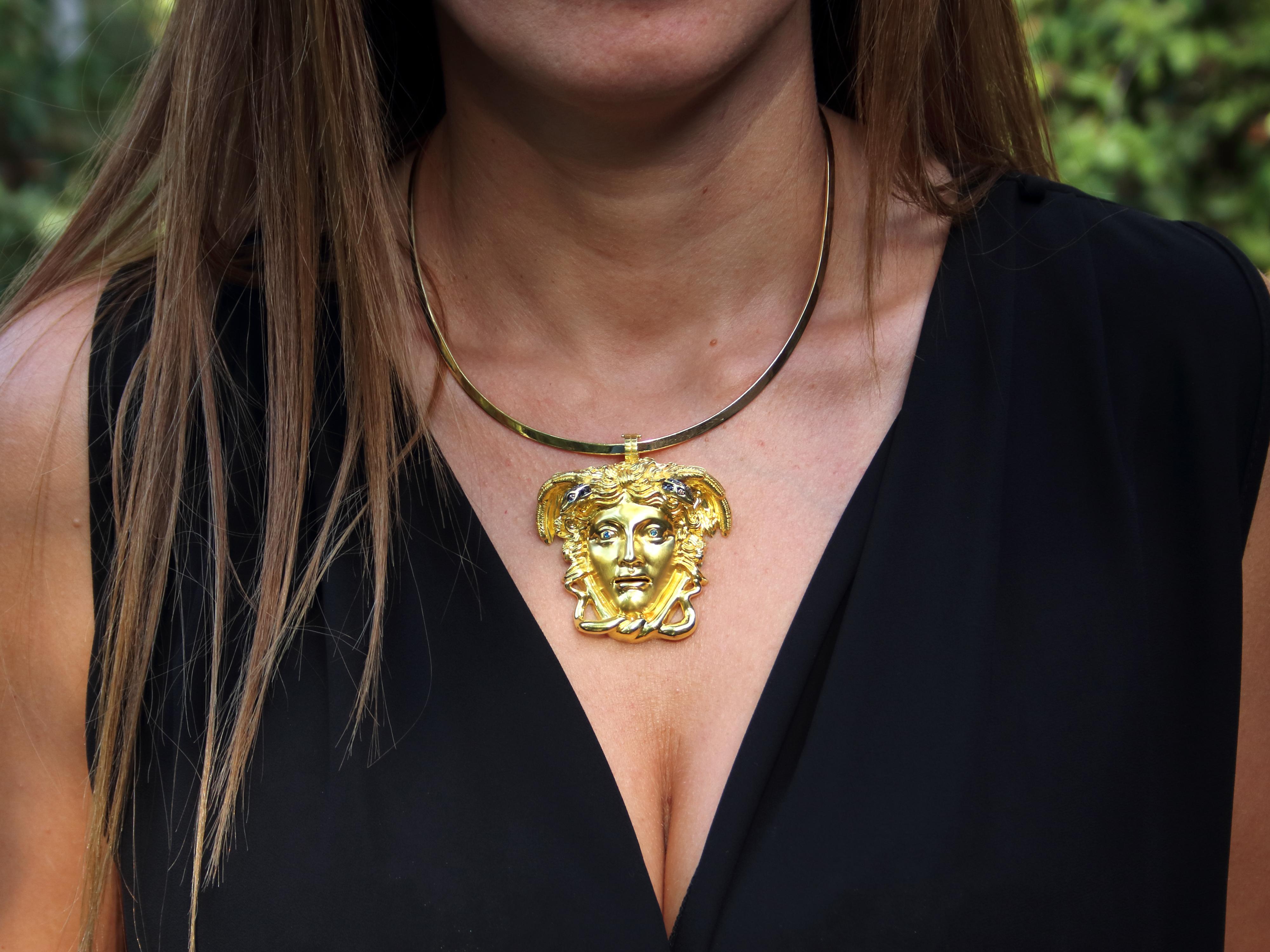 Brilliant Cut Dimos 18k Gold Ancient Greek Medusa Pendant with Diamonds For Sale