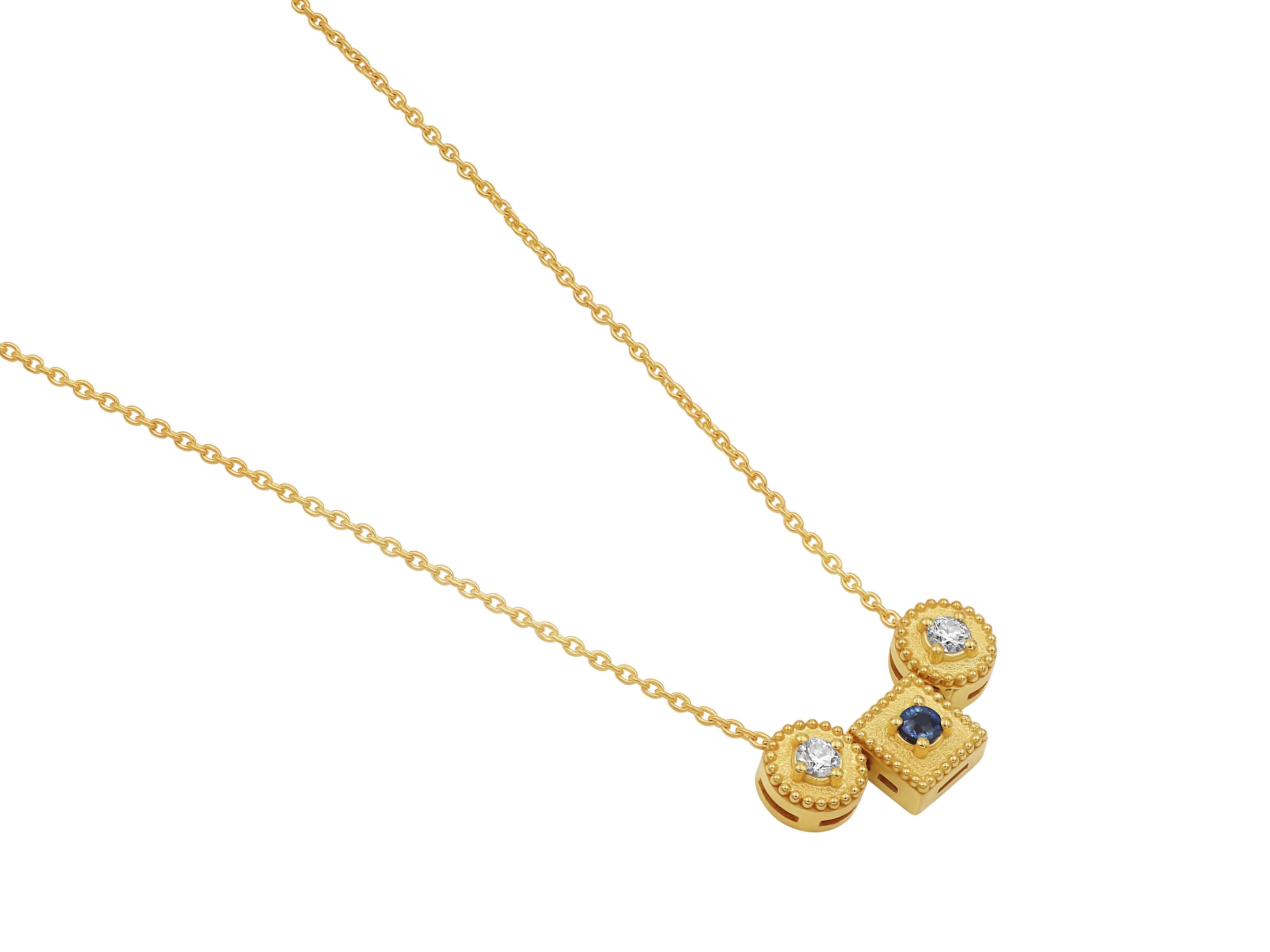 Solid 18k gold Balance necklace set with white brilliant cut natural diamonds and sapphire chosen very carefully for its excellent cut. Elegant and luxurious, perfect for special occasions or as a statement piece.