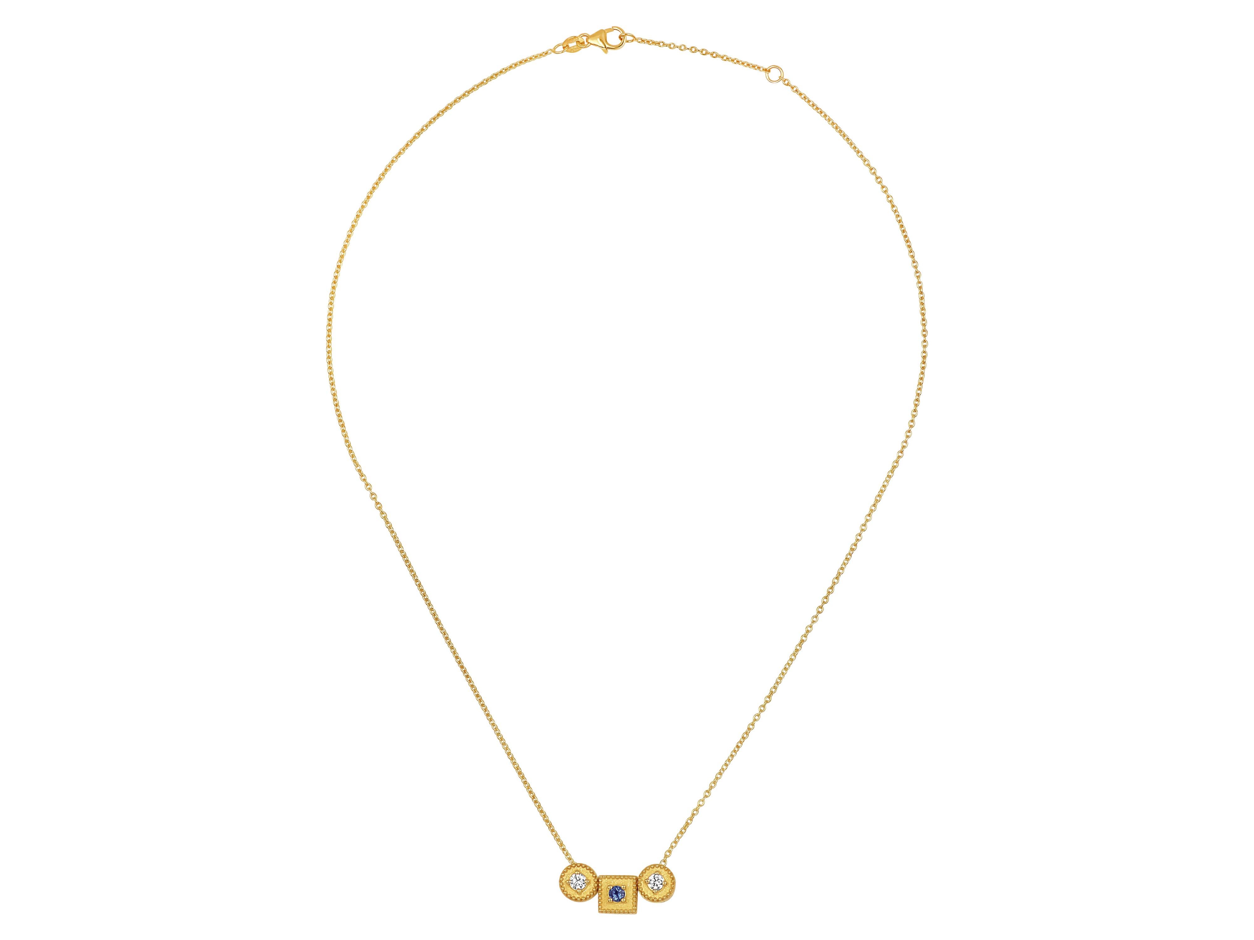 Neoclassical Dimos 18k Gold Balance Necklace with Sapphire & Diamonds For Sale
