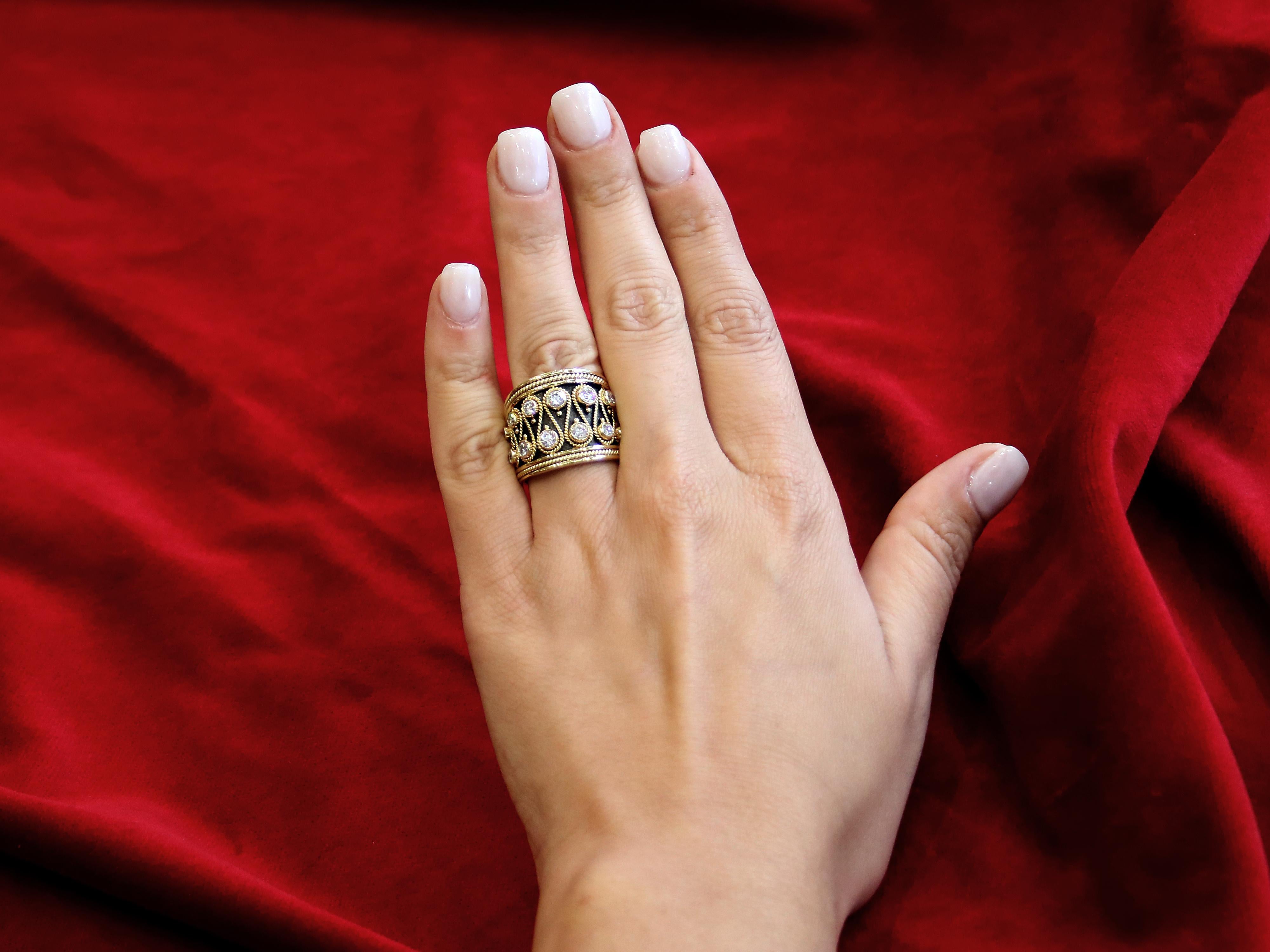 Brilliant Cut Dimos 18k Gold Byzantine Inspired Band Ring with Brilliant Diamonds For Sale