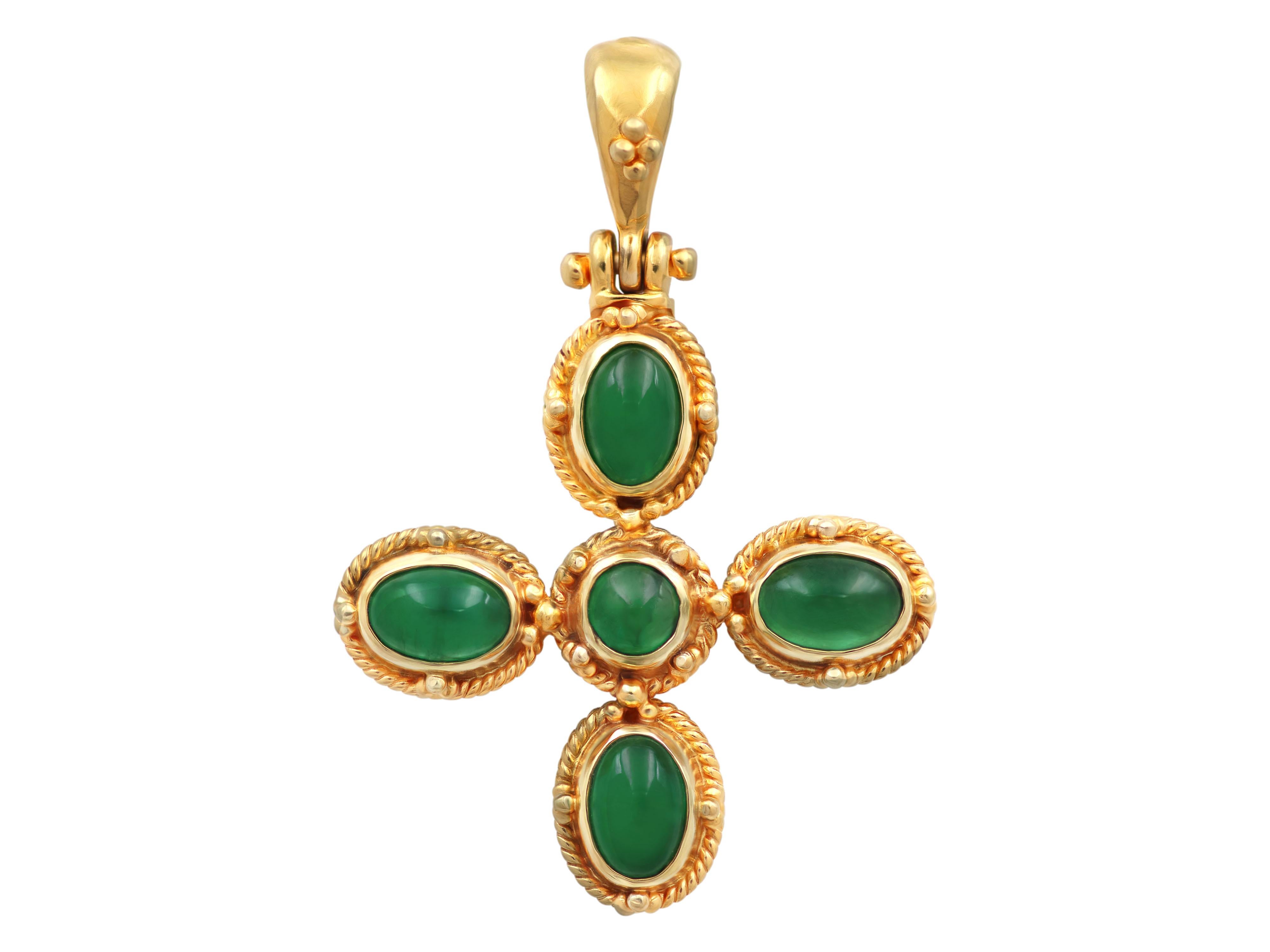Cabochon Dimos 18k Gold Byzantine Inspired Cross with Emeralds For Sale