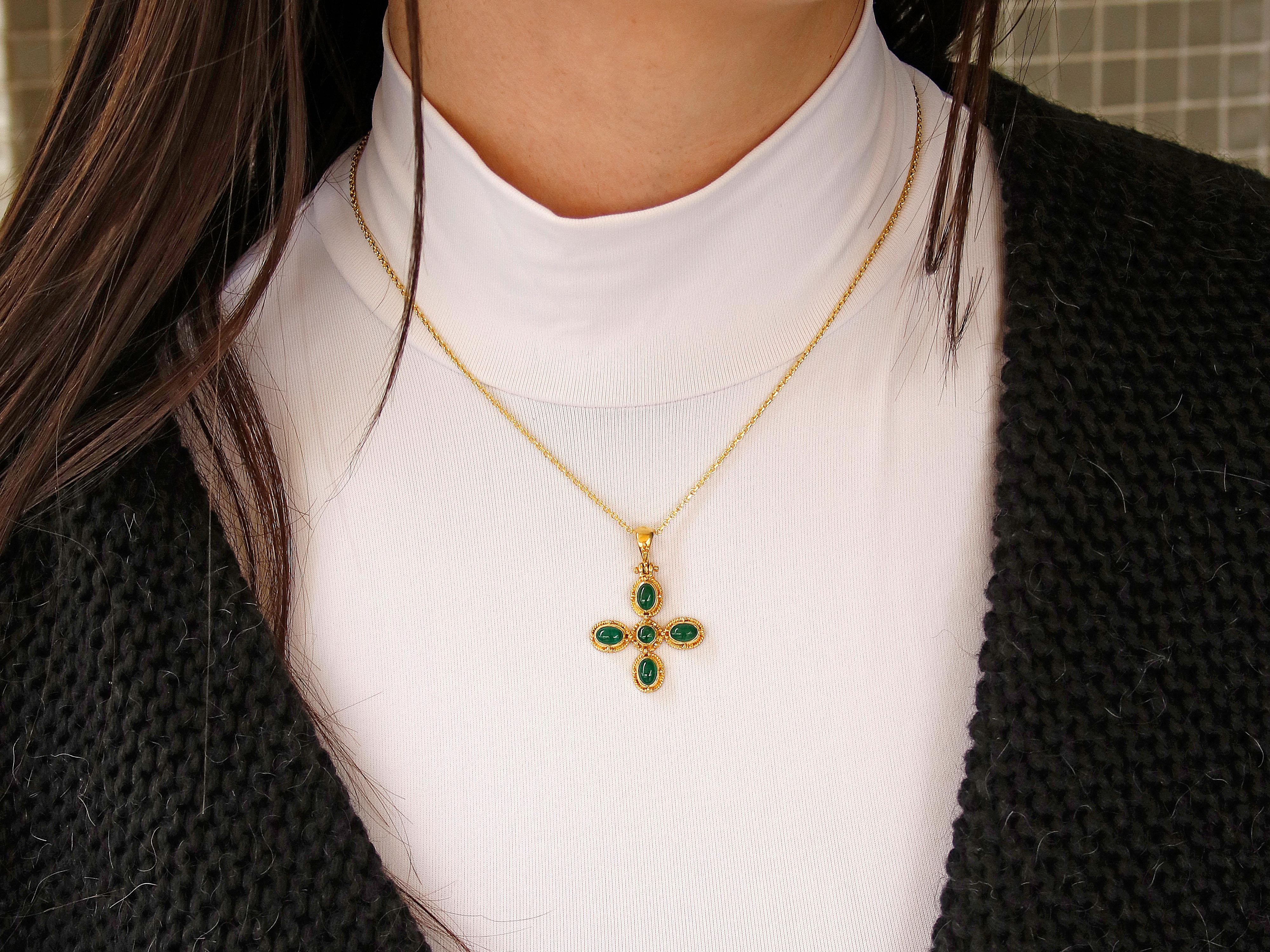 Women's Dimos 18k Gold Byzantine Inspired Cross with Emeralds For Sale