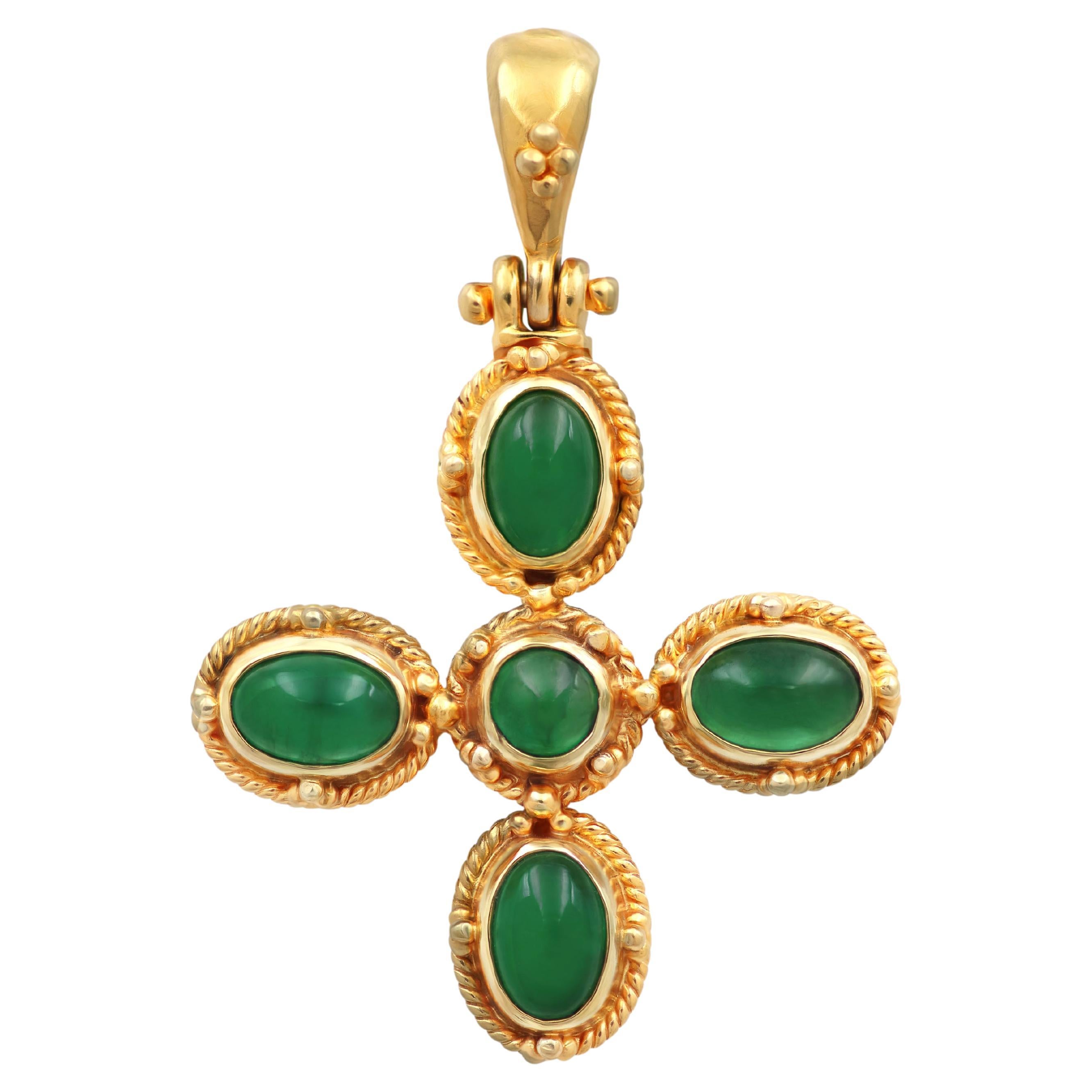 Dimos 18k Gold Byzantine Inspired Cross with Emeralds For Sale