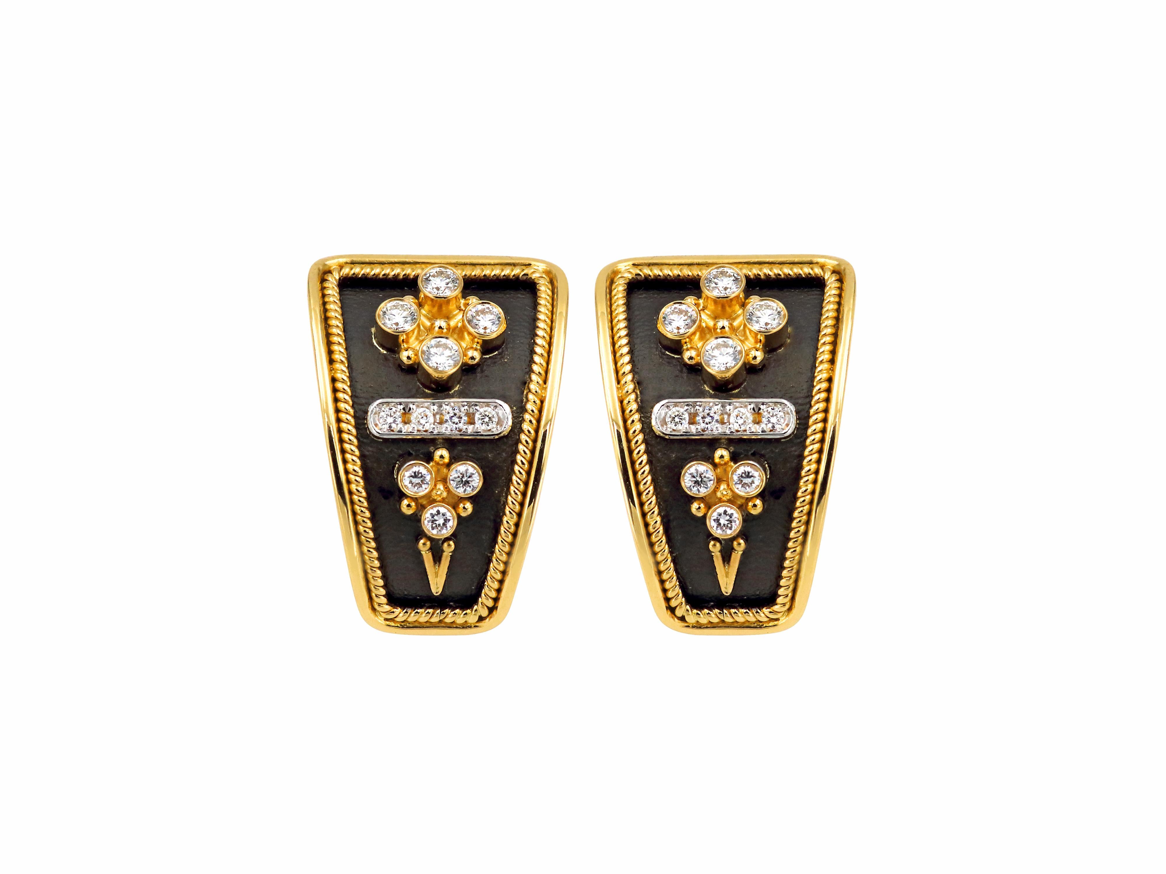 Byzantine inspired earrings handmade in Athens Greece by Dimos of the Noir Collection, in 18 karat white and yellow gold insert with 0.52 carat natural brilliant cut diamonds. Those friends clip earrings with post and a clip give you a firm and safe
