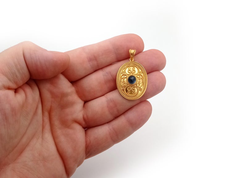 Cabochon Dimos 18k Gold Byzantine Inspired Pendant with Sapphire For Sale