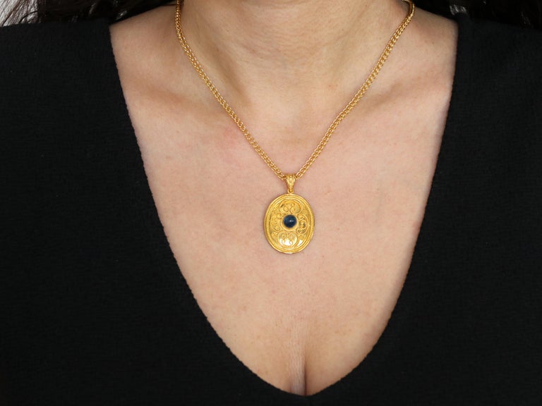 Dimos 18k Gold Byzantine Inspired Pendant with Sapphire In New Condition For Sale In Athens, GR