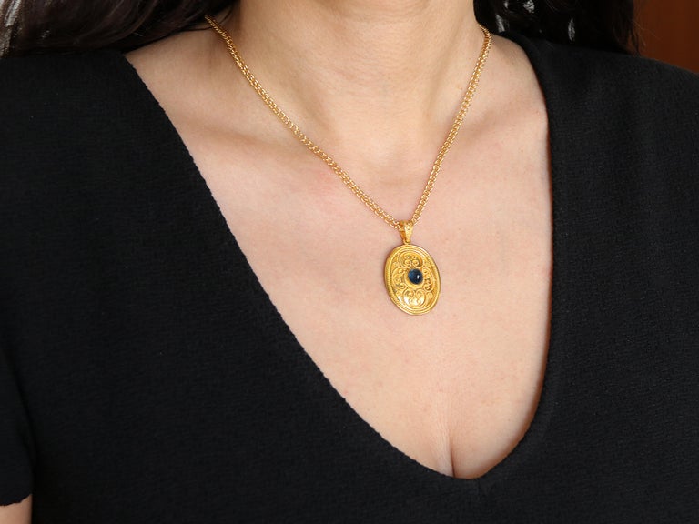 Women's Dimos 18k Gold Byzantine Inspired Pendant with Sapphire For Sale