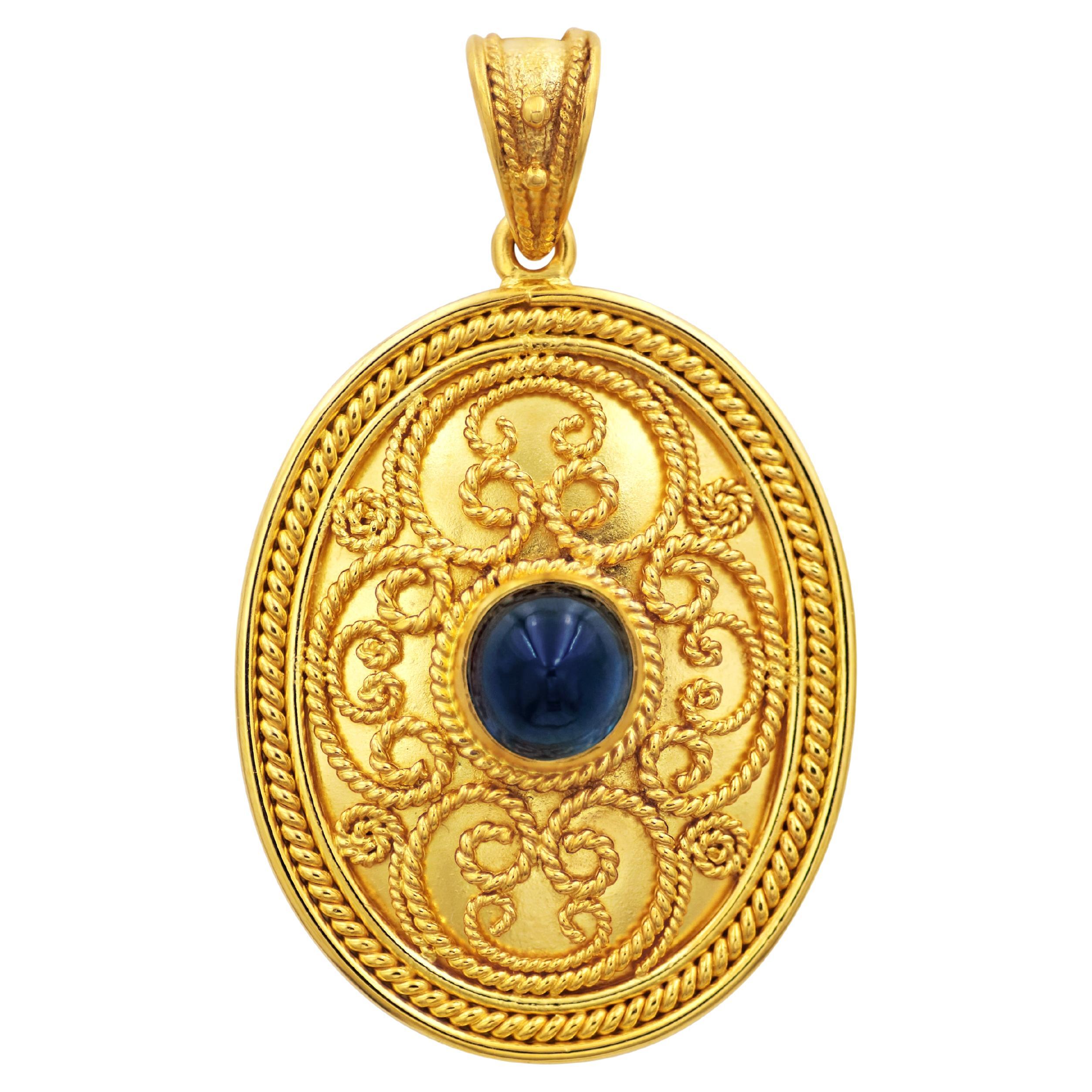 Dimos 18k Gold Byzantine Inspired Pendant with Sapphire