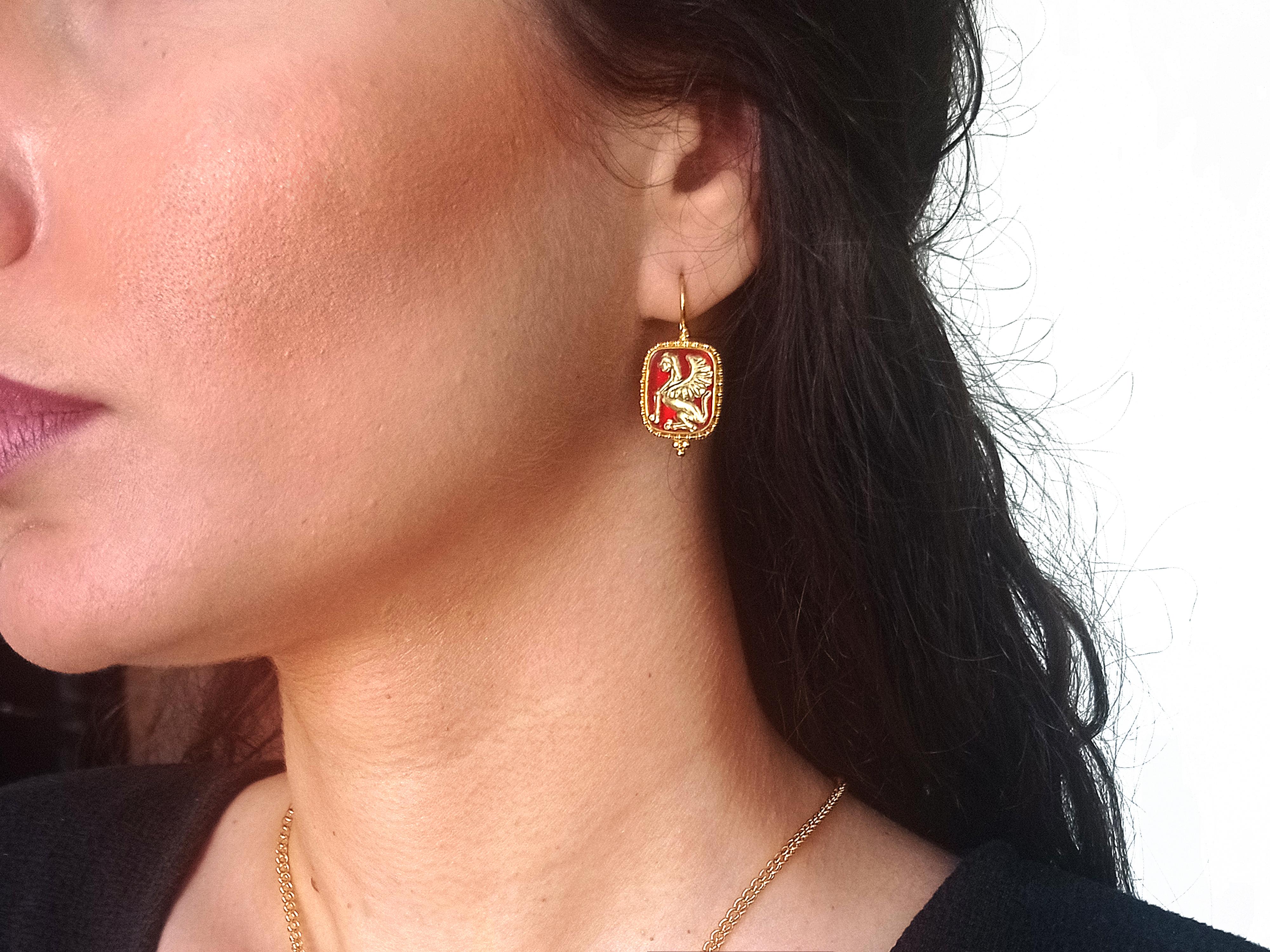 Dimos 18k Gold Carved Cornelian Sphinx Earrings In New Condition In Athens, GR