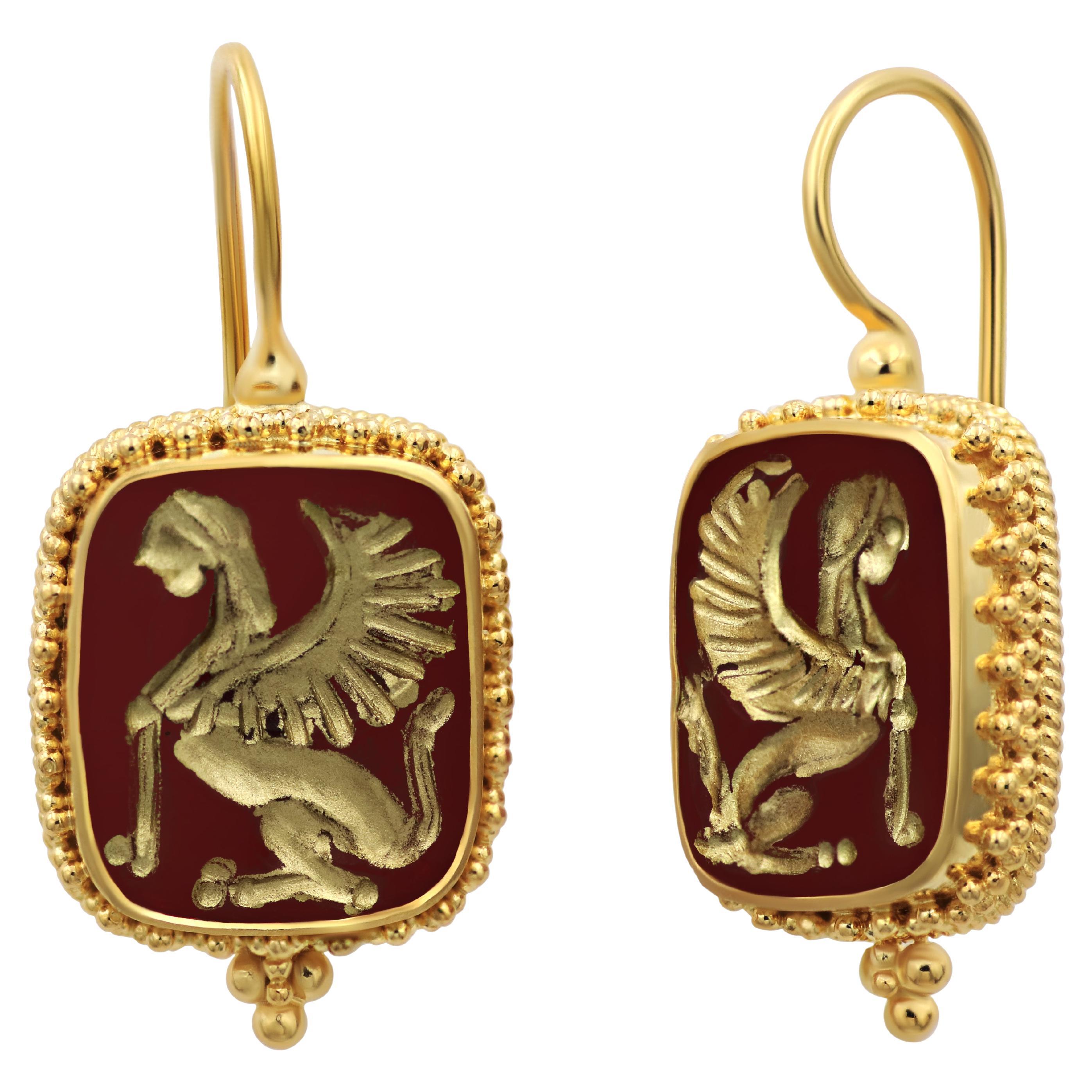 Dimos 18k Gold Carved Cornelian Sphinx Earrings