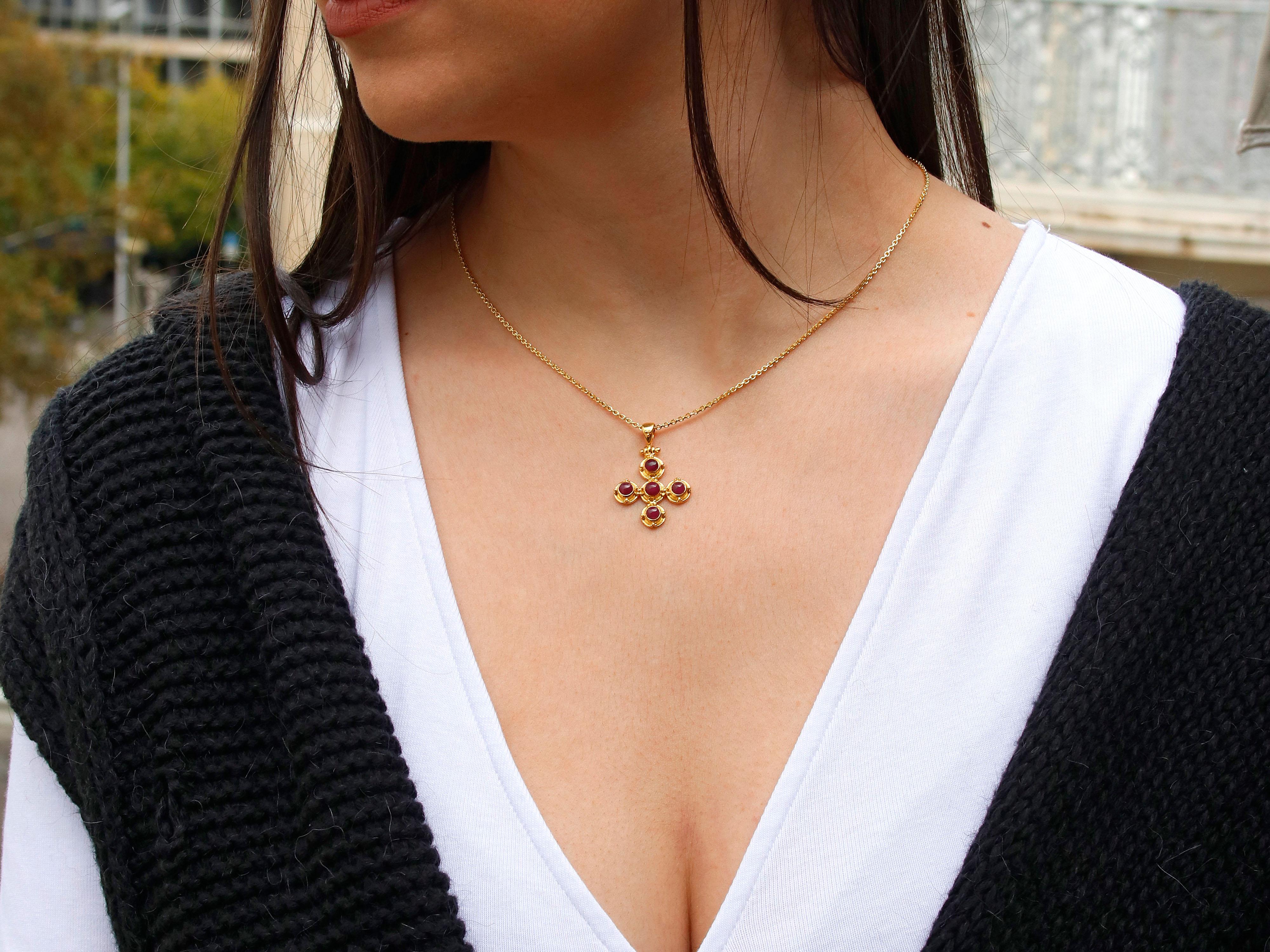 Round Cut Dimos 18k Gold Classic Cross with Rubies and Granulation For Sale
