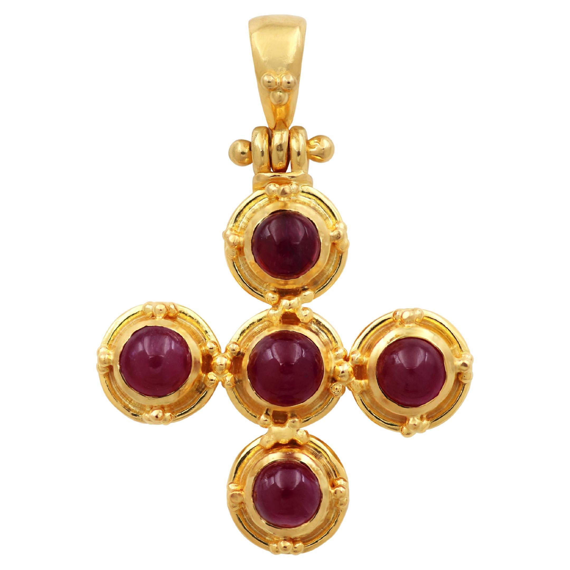 Dimos 18k Gold Classic Cross with Rubies and Granulation For Sale