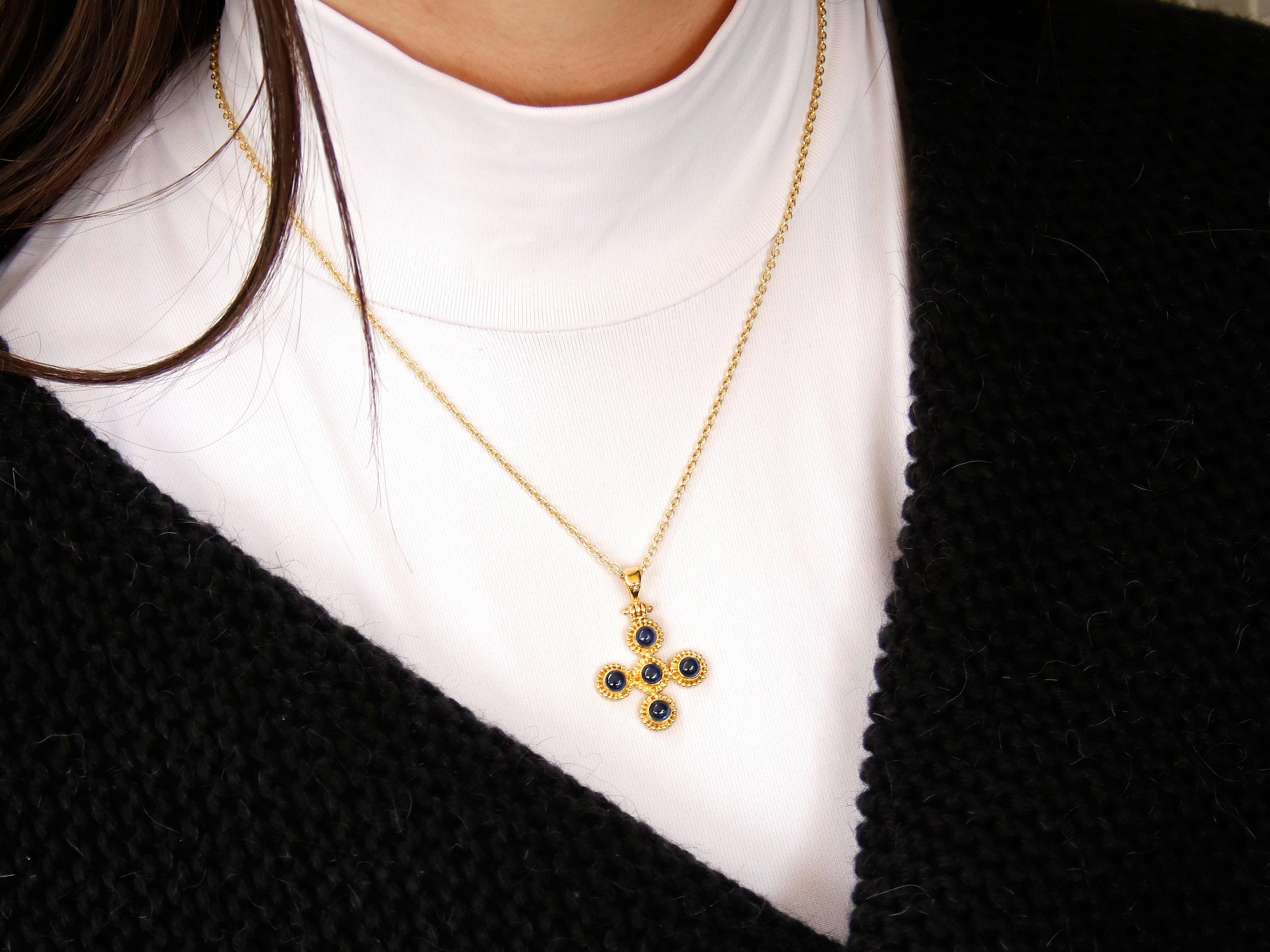 Round Cut Dimos 18k Gold Classic Greek Cross with Blue Sapphires For Sale