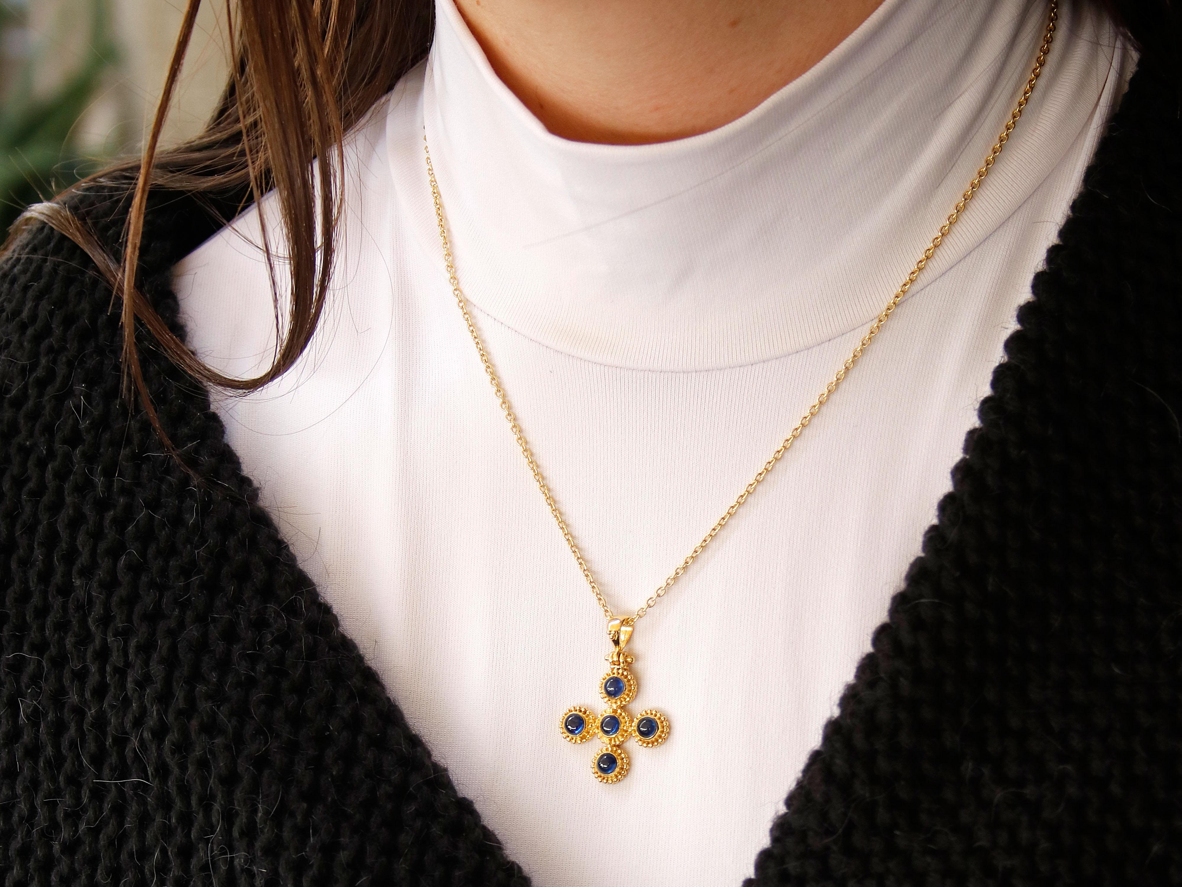 Dimos 18k Gold Classic Greek Cross with Blue Sapphires In New Condition For Sale In Athens, GR