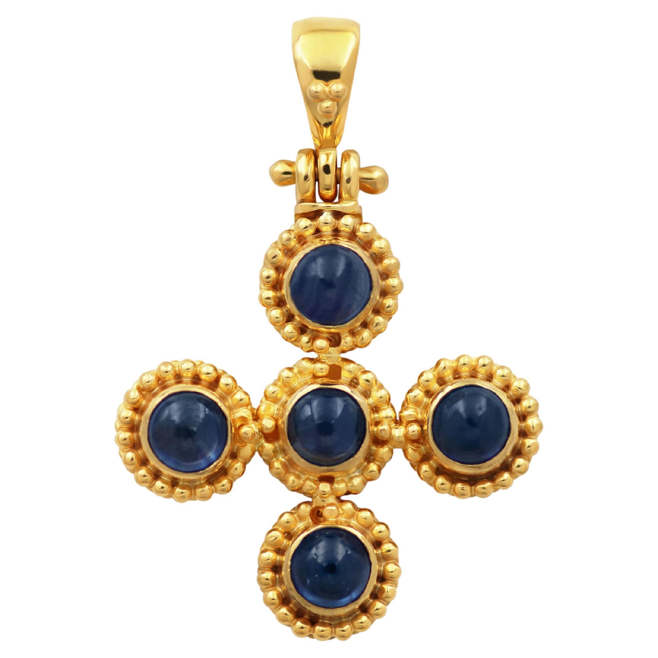 Dimos 18k Gold Classic Greek Cross with Blue Sapphires For Sale