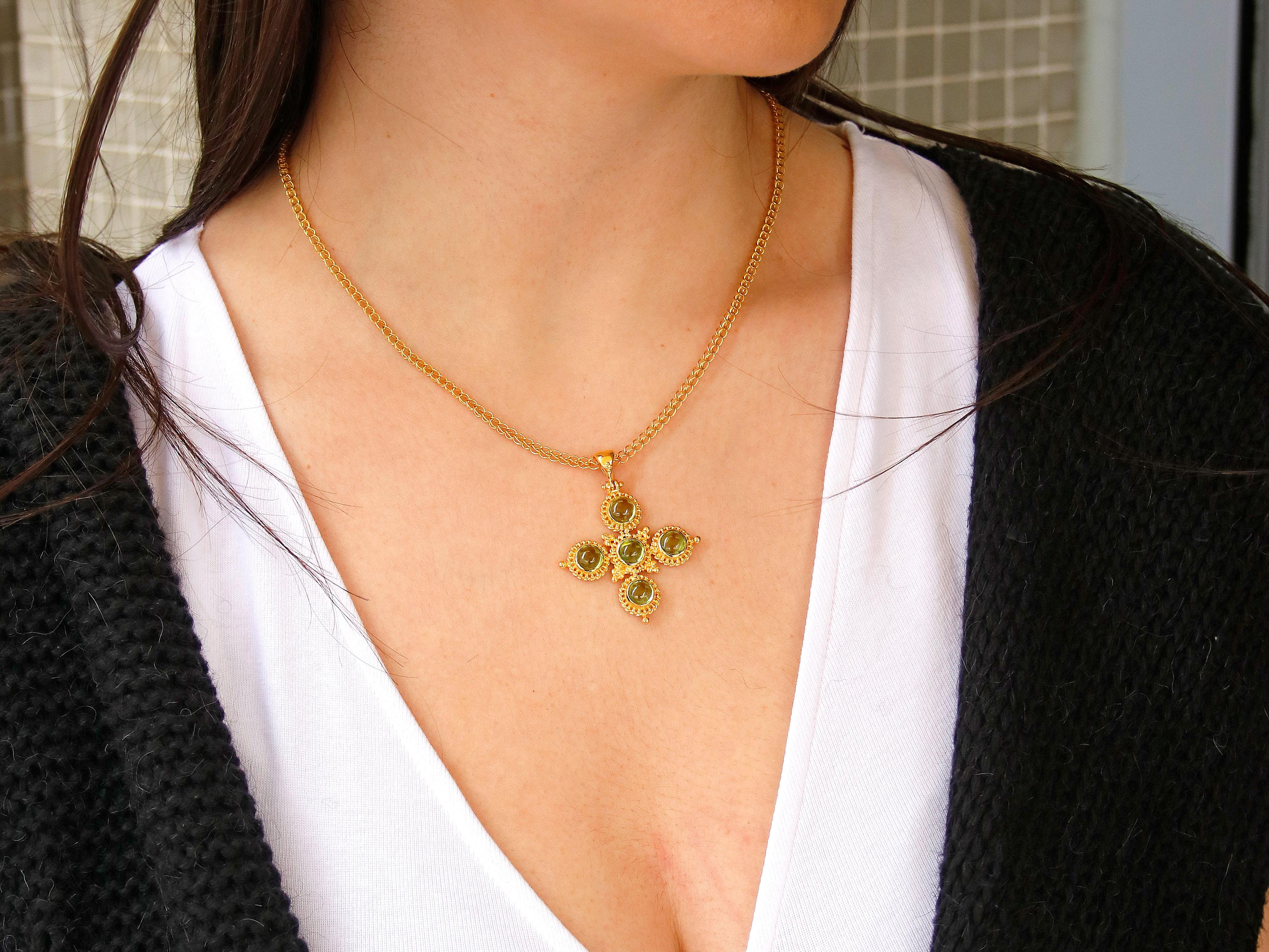 Round Cut Dimos 18k Gold Classic Greek Cross with Peridot For Sale
