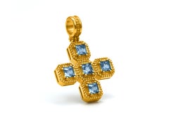 Dimos 18k Gold Cross Pendant with Aquamarines