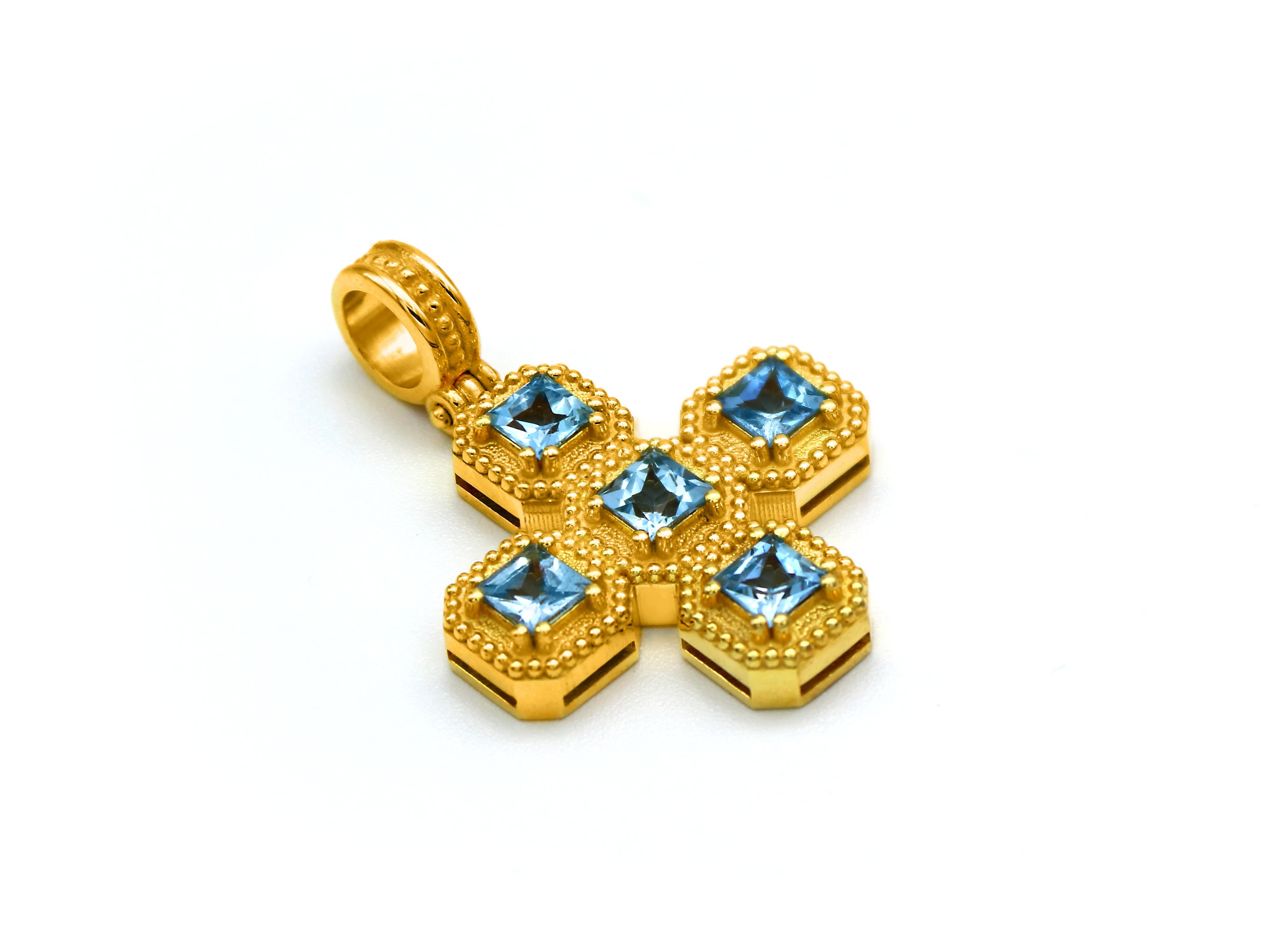 Neoclassical Dimos 18k Gold Cross Pendant with Aquamarines For Sale