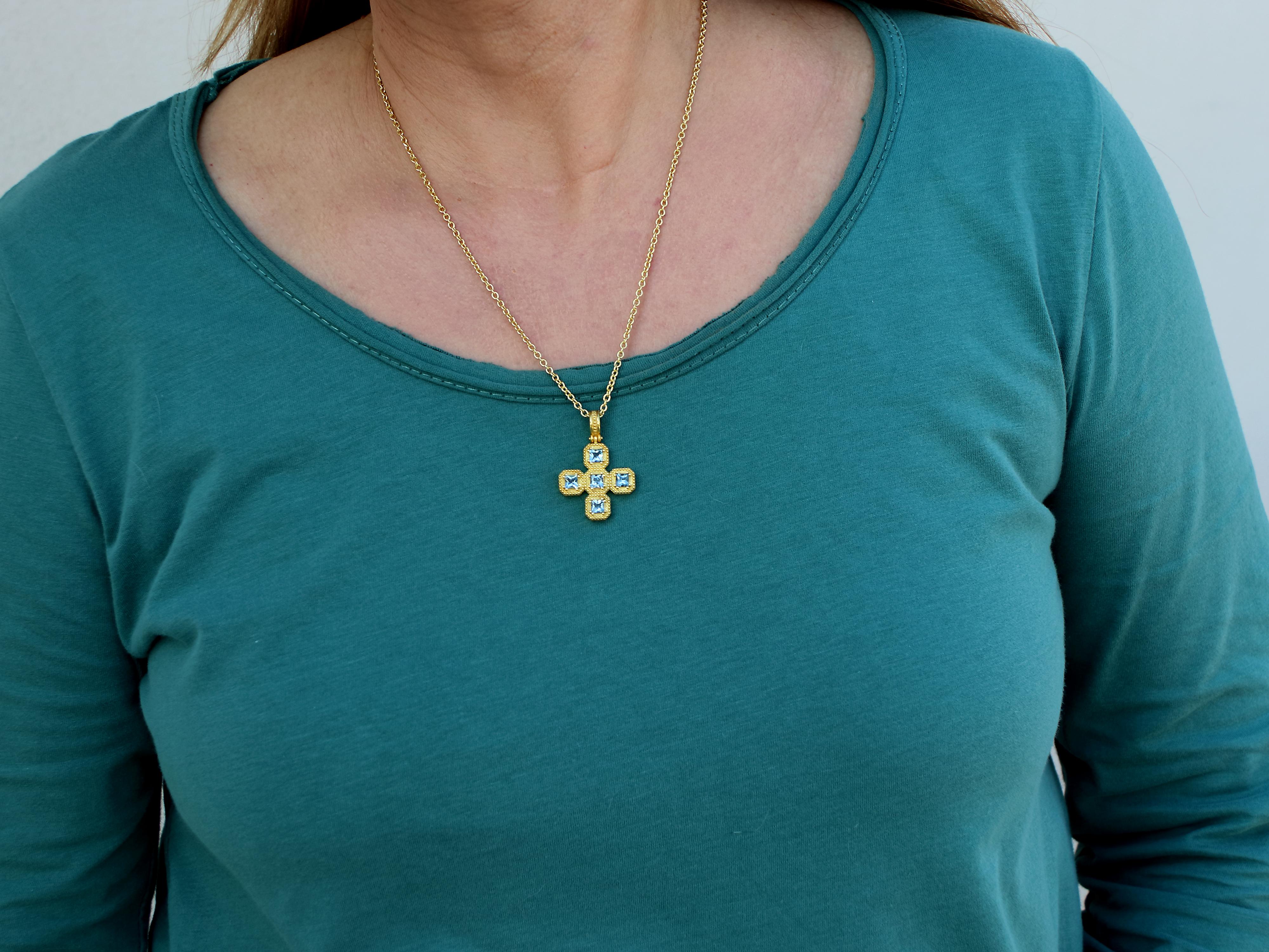 Dimos 18k Gold Cross Pendant with Aquamarines For Sale 1