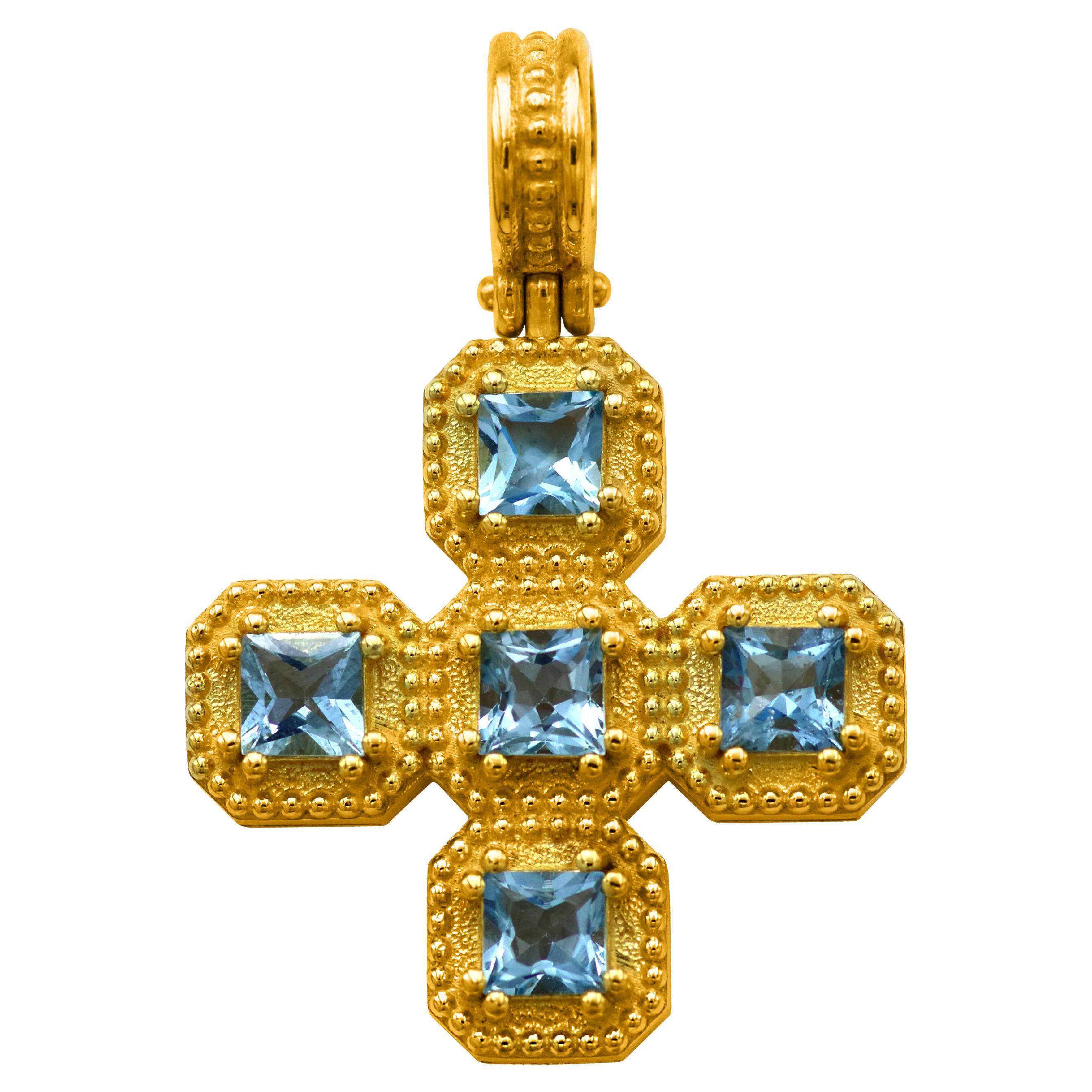 Dimos 18k Gold Cross Pendant with Aquamarines For Sale