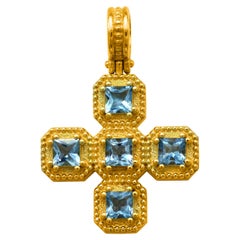Dimos 18k Gold Cross Pendant with Aquamarines
