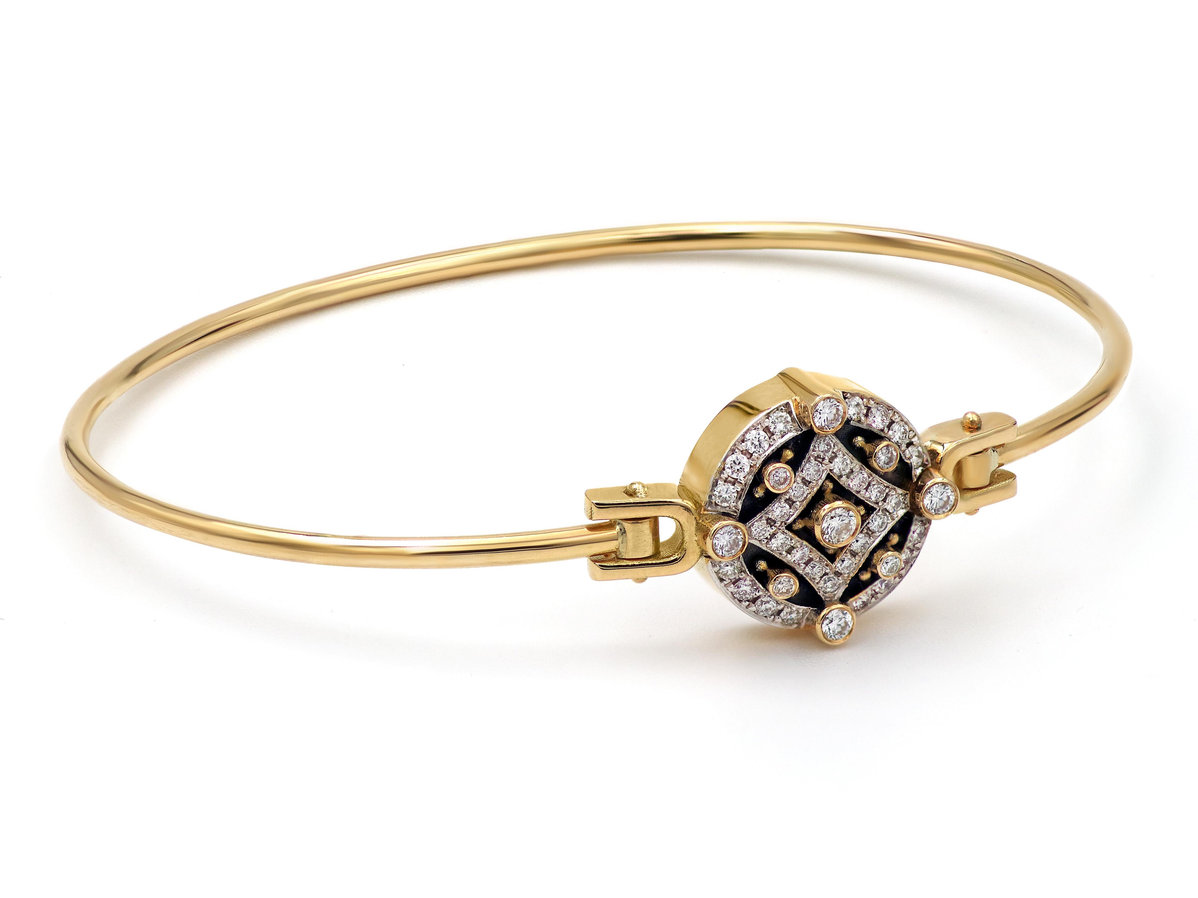 The sweetest bangle of the Noir Collection. The perfect mixer in a party bracelet and made to sustain any daily wear with its solid wire and the secret clap that is hold under the diamond. 18k gold and 0.44 carats brilliant diamonds in our signature