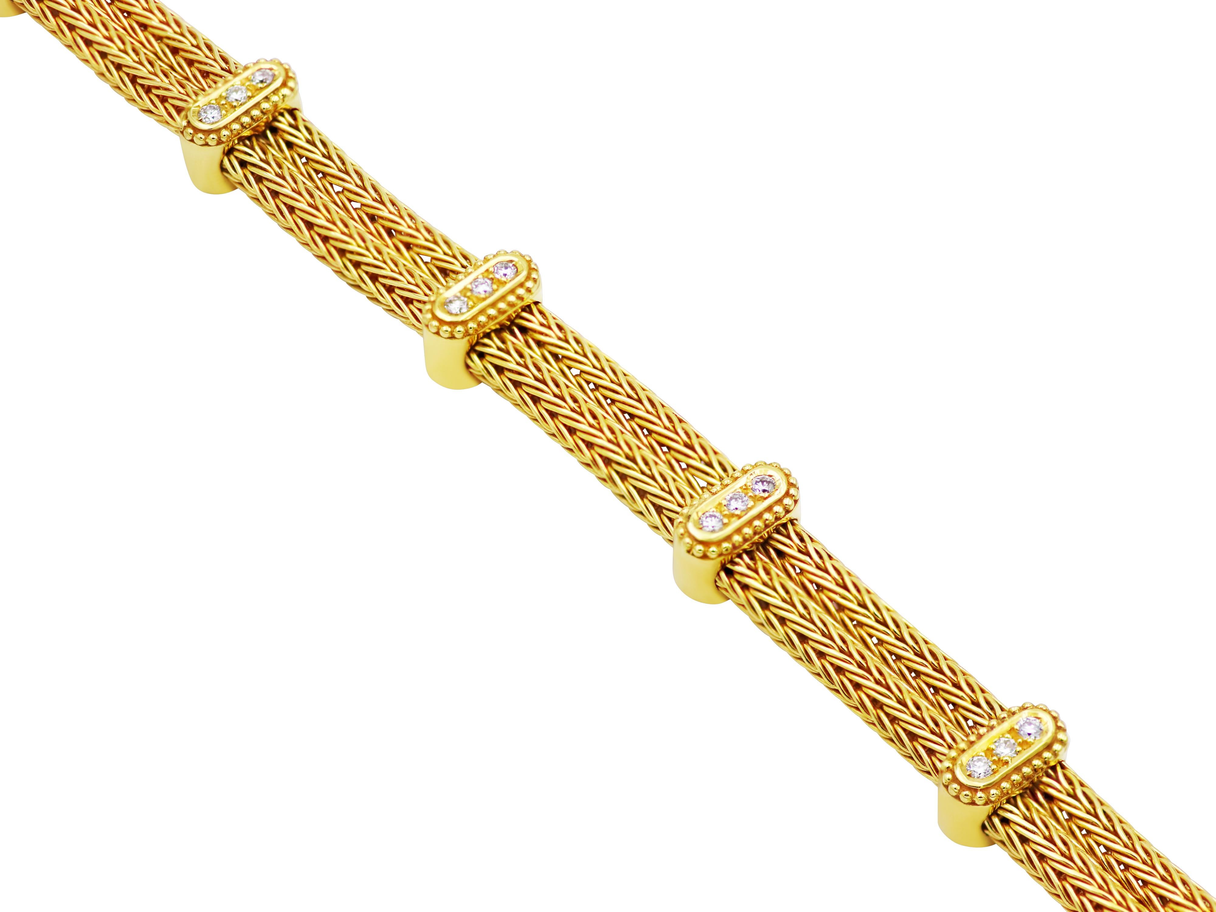 Knitted bracelet from Dimos collection with double rope and diamond bars. A world known workmanship of ours, with hours of knitting wire ending up in a double safety box clasp. The whole bracelet is decorated with gold bars sets with 0.31 carats