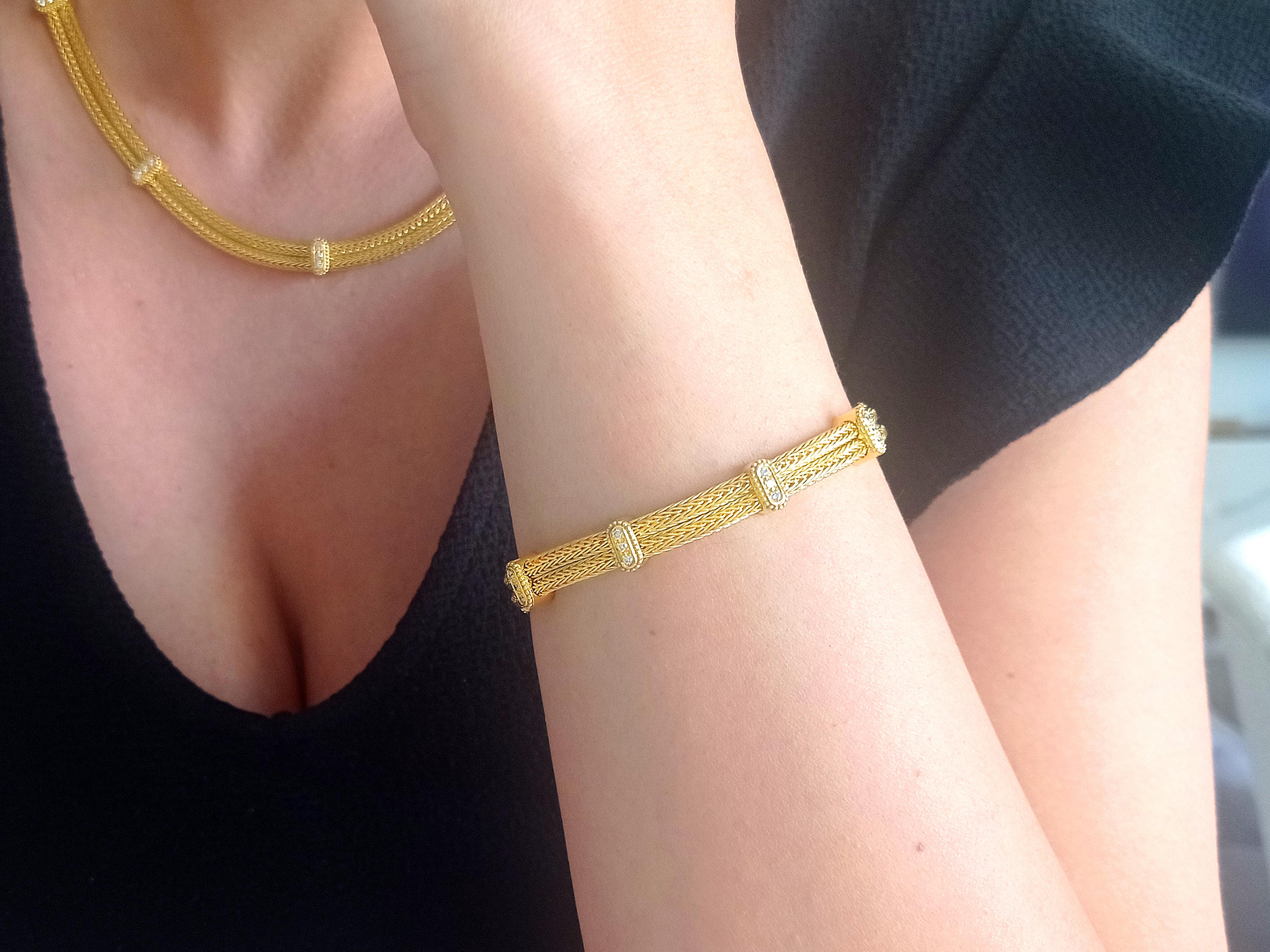 Classical Greek Dimos 18k Gold Diamonds Knitted Bracelet For Sale