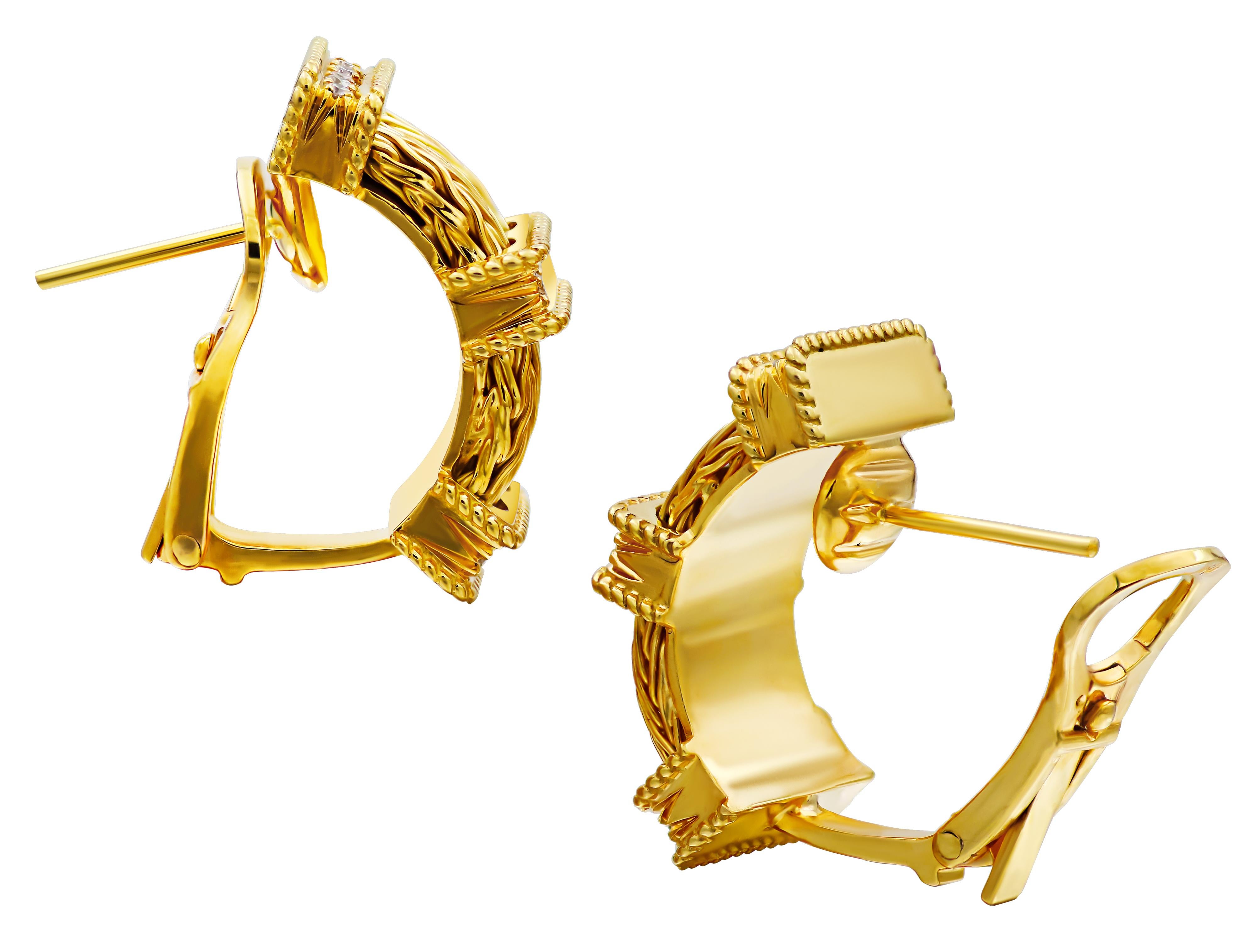 From Dimos collection these earrings in 18 karat yellow gold with a beautiful knitted double rope work and the diamond bars that complete the set and the distinct look of our earrings. The French clip with a clip and a post it’s also 18k  that help